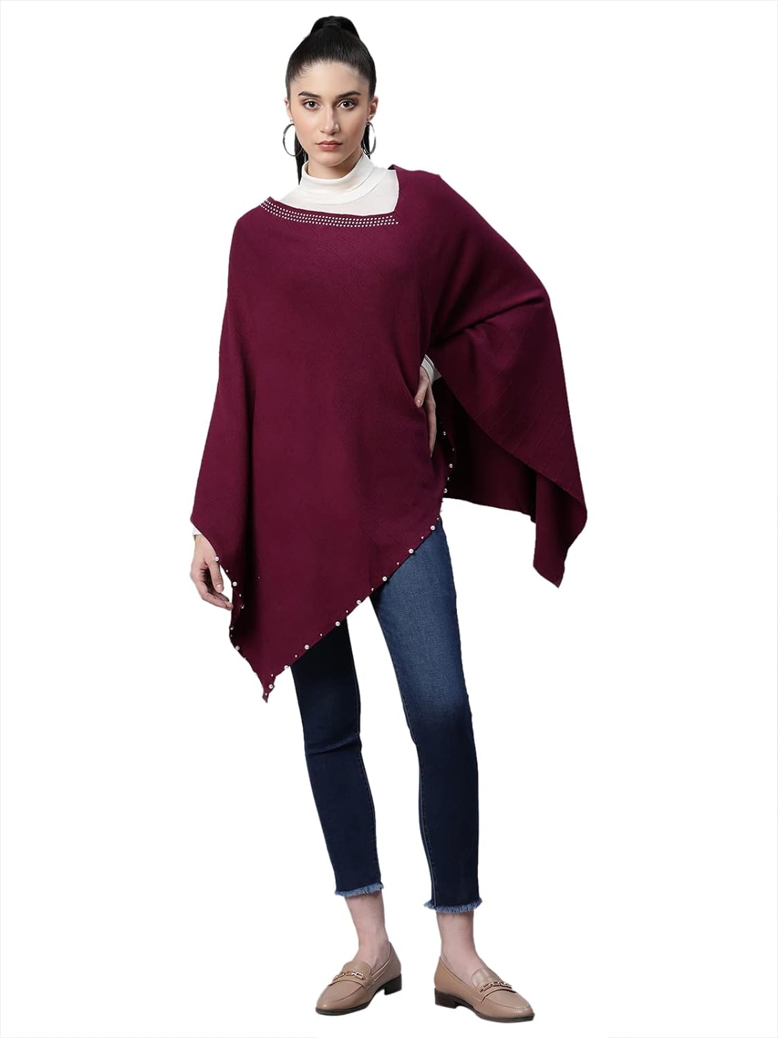 Women Solid Purple Woolen Loose Fit Casual Poncho - Global Republic
