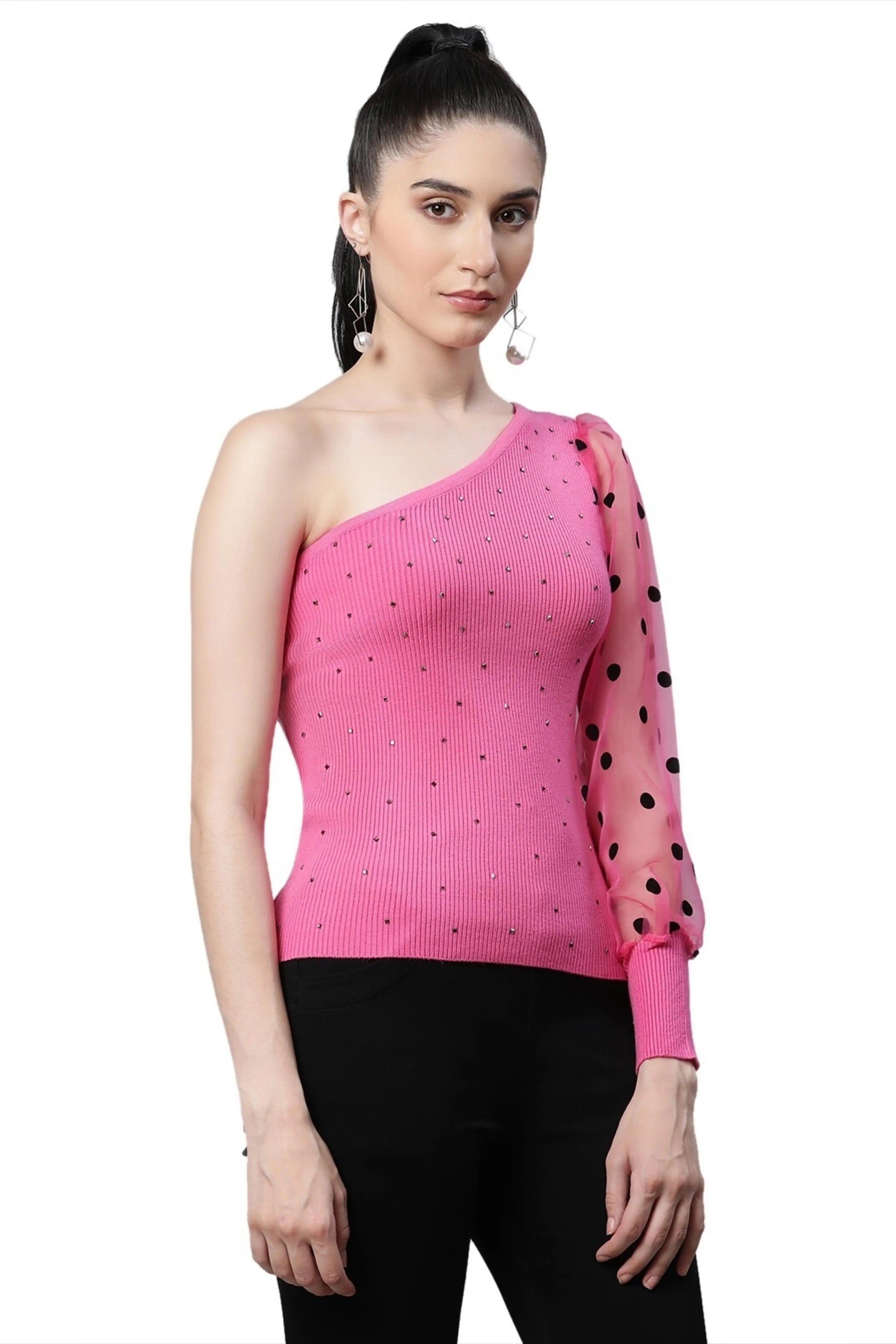 Black One Shoulder Stretch Viscose Top - Global Republic