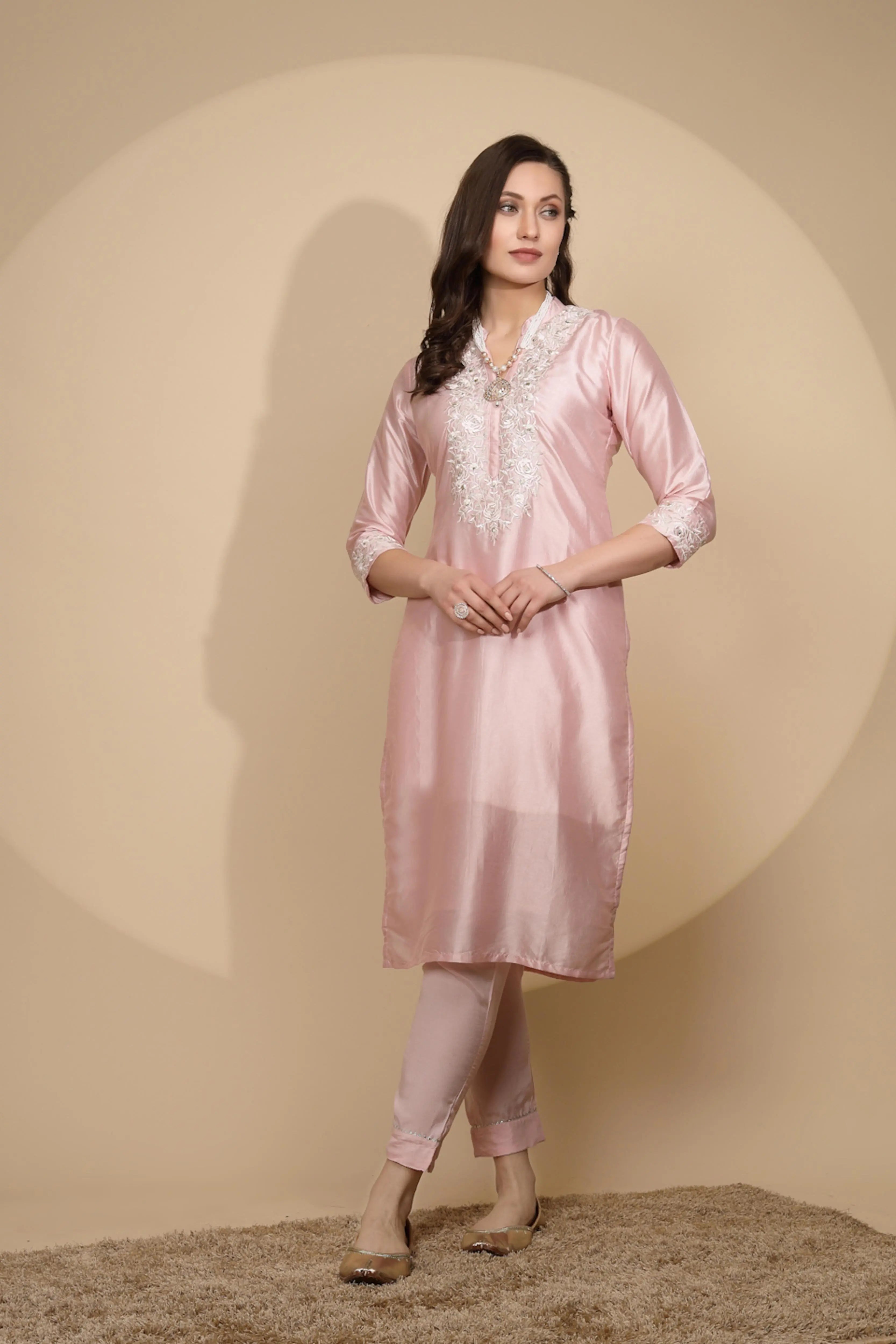 Pink Silk Regular Fit Kurta Set For Women - Global Republic