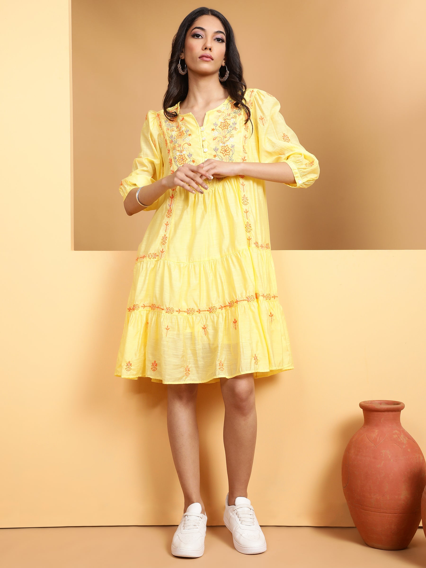 Women Mustard Round Neck Solid Dress - Global Republic