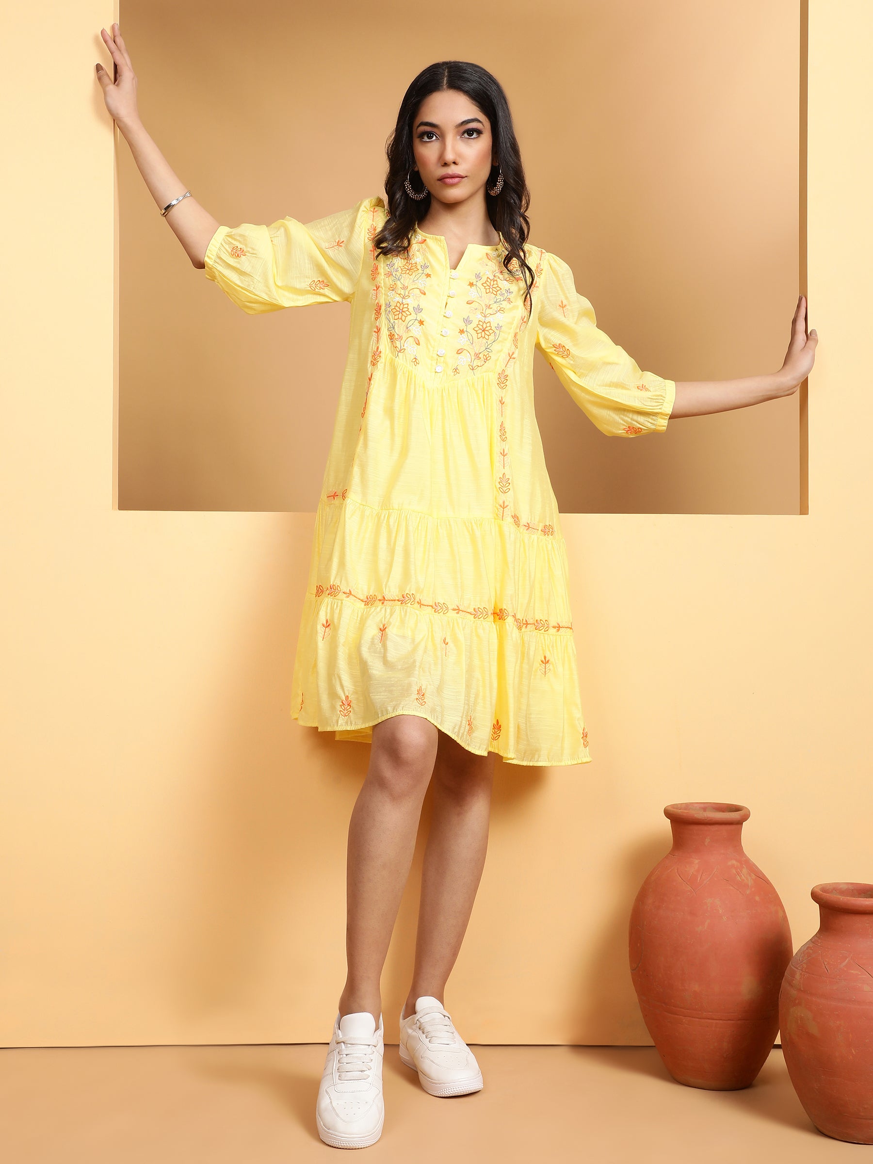 Women Mustard Round Neck Solid Dress - Global Republic