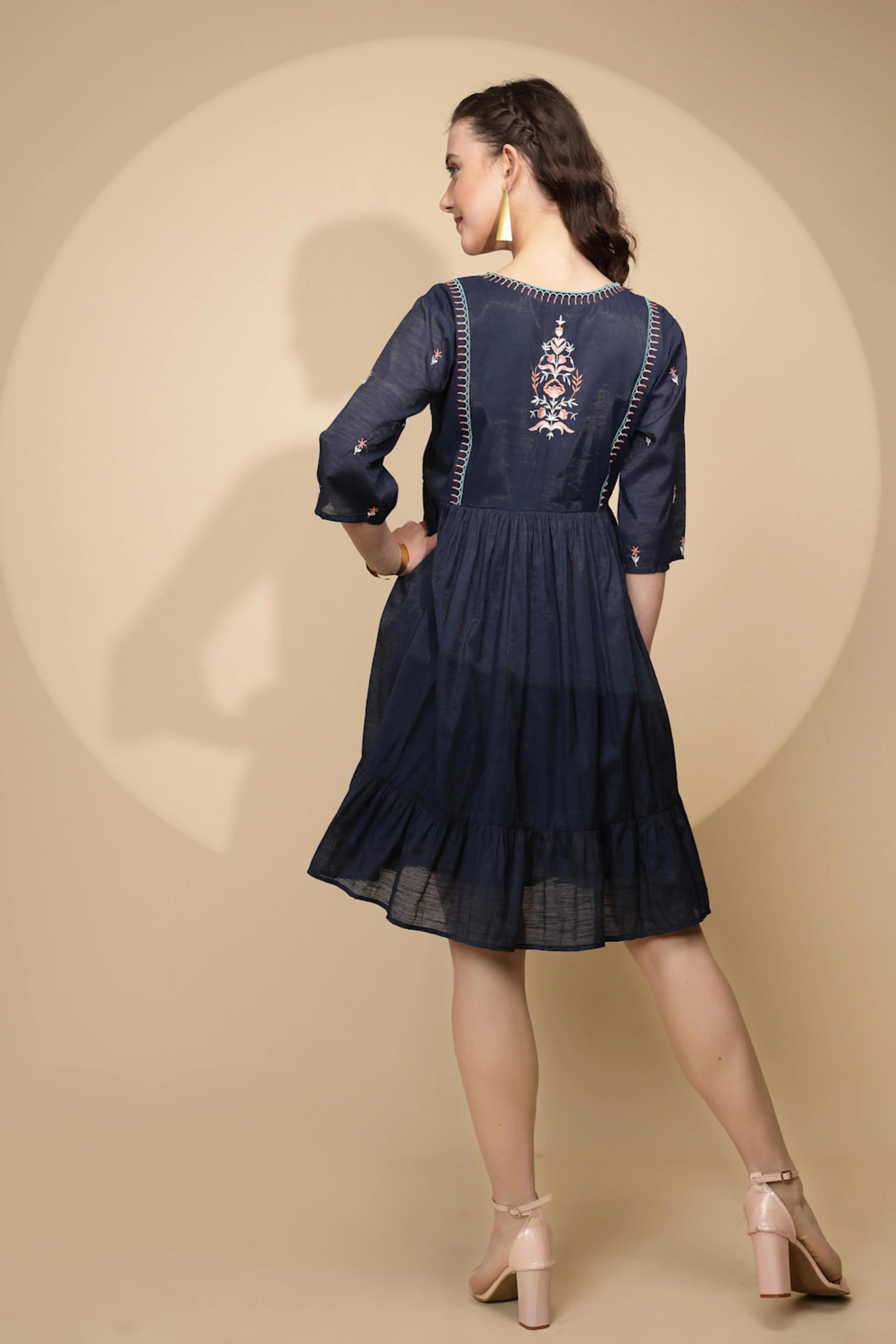 Navy Cotton Regular Fit Dress For Women - Global Republic