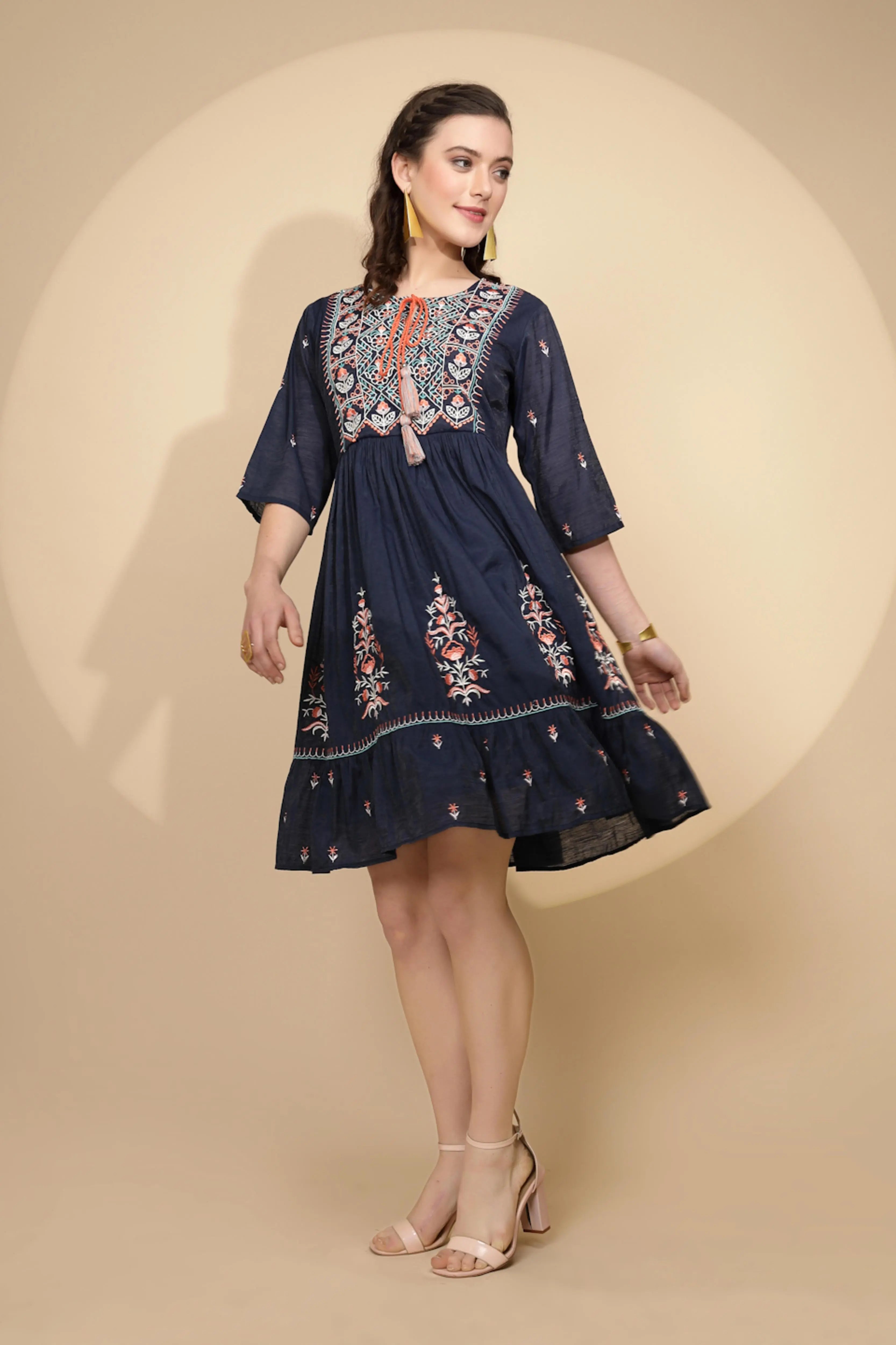 Navy Cotton Regular Fit Dress For Women - Global Republic