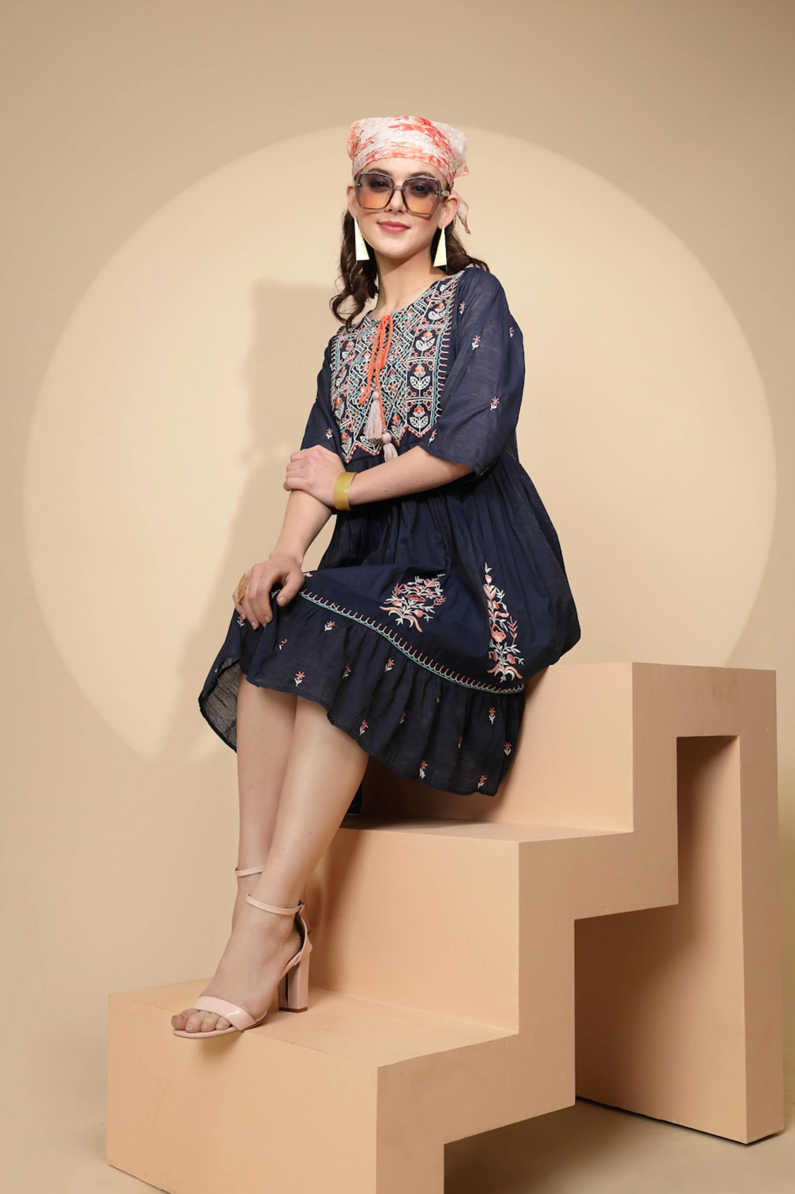 Navy Cotton Regular Fit Dress For Women - Global Republic