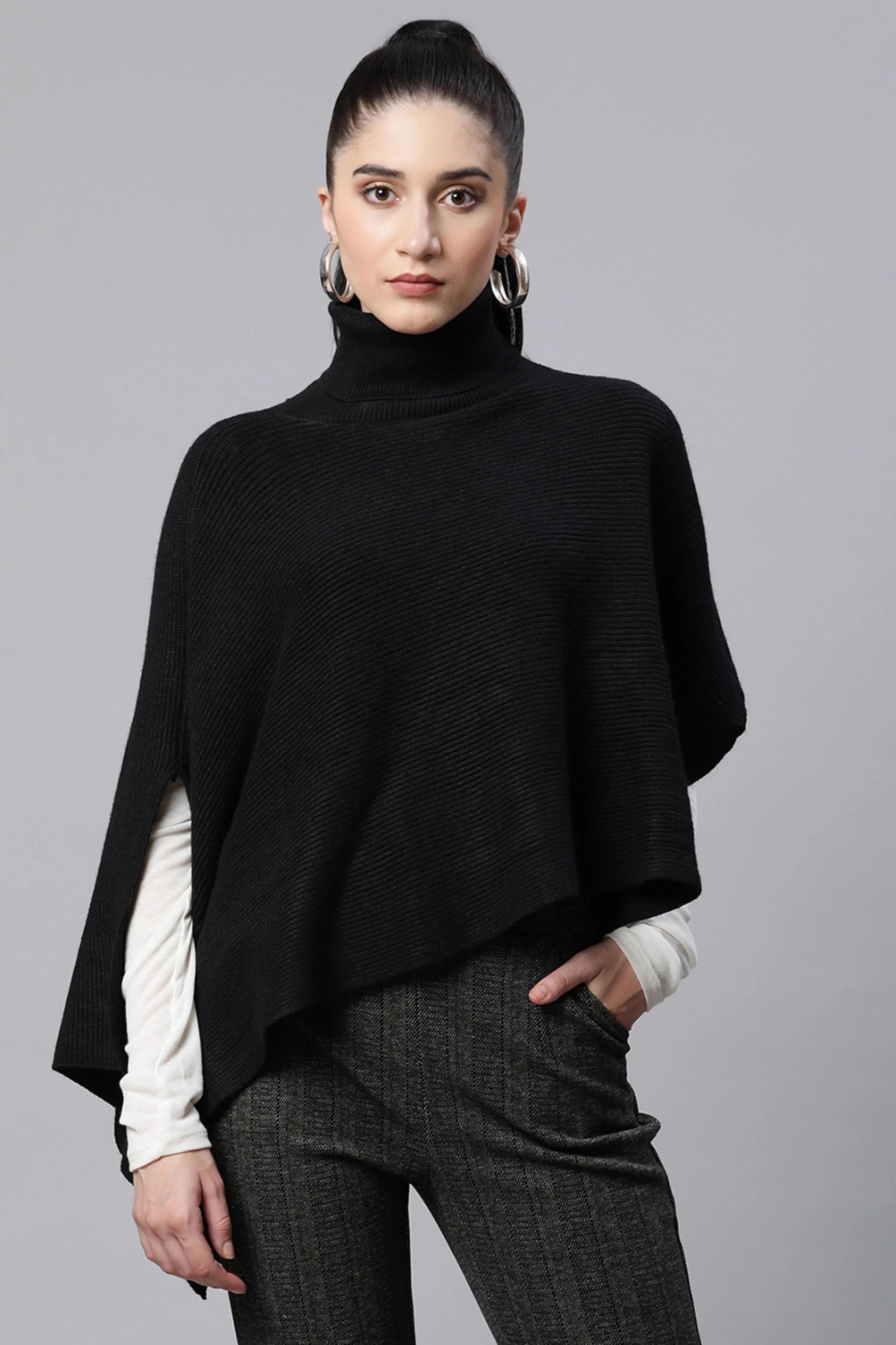 Women Solid Black Woolen Loose Fit Casual Ponchu