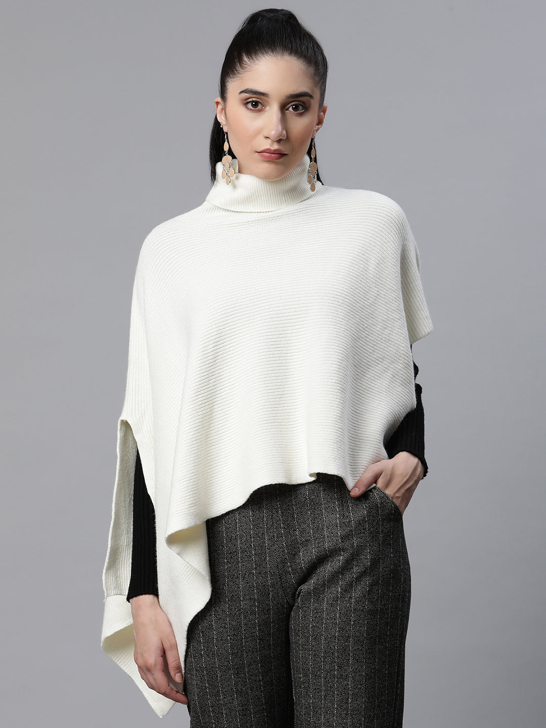 Women Solid Off-White Woolen Loose Fit Casual Ponchu