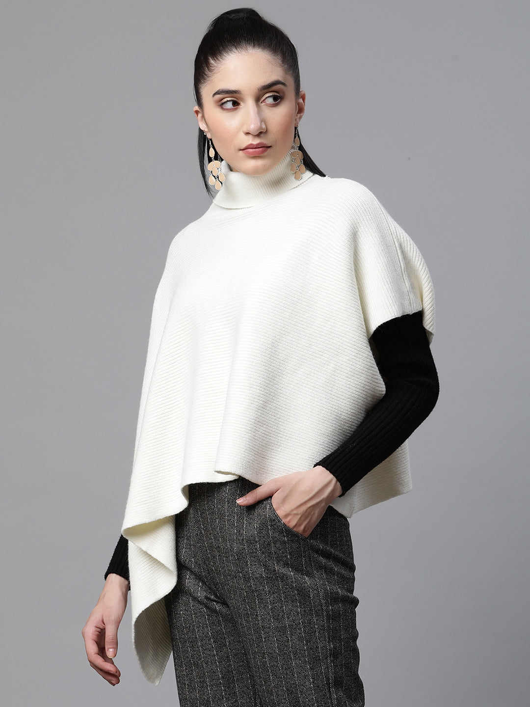 Women Solid Off-White Woolen Loose Fit Casual Poncho - Global Republic