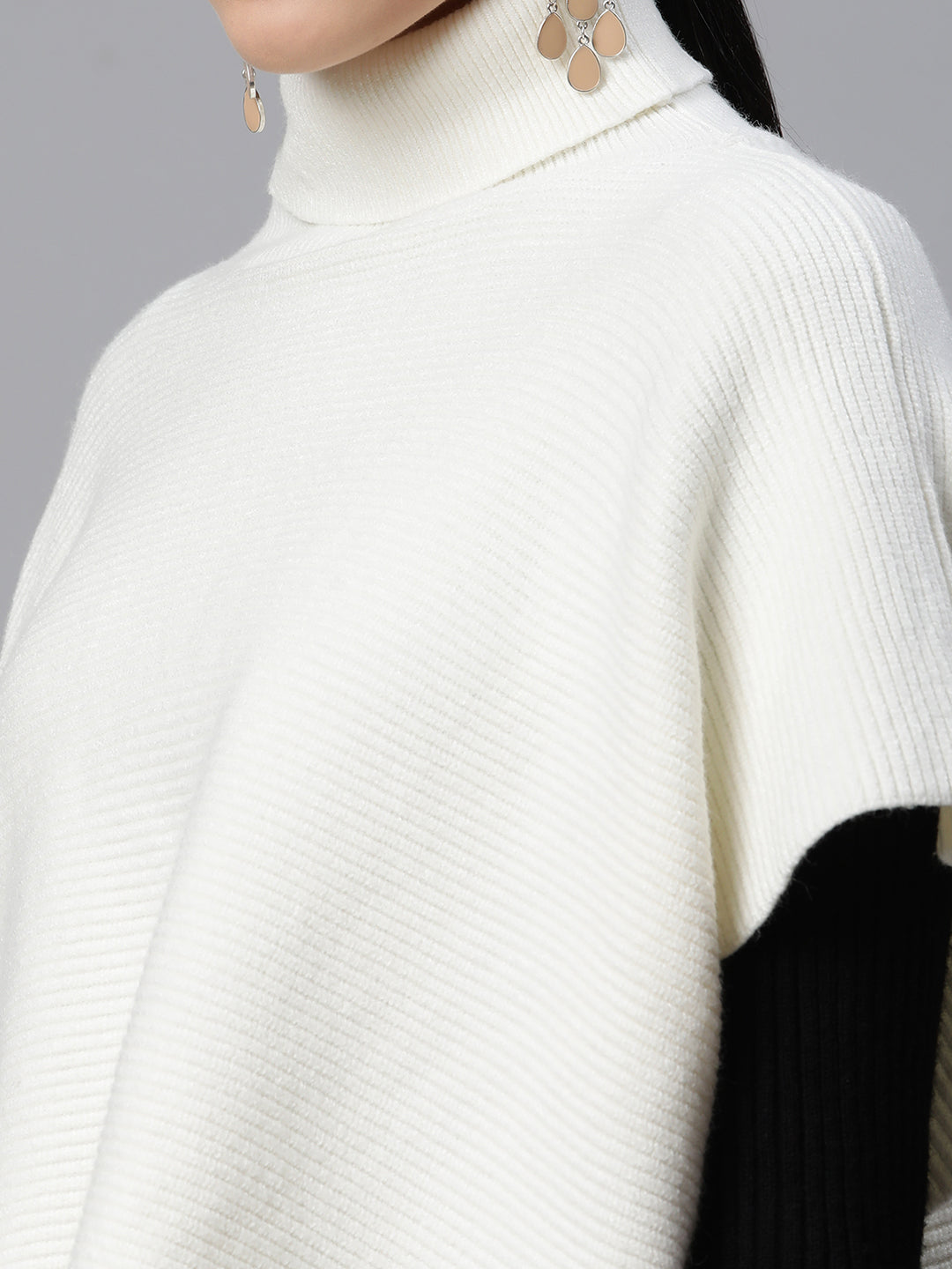 Women Solid Off-White Woolen Loose Fit Casual Poncho - Global Republic