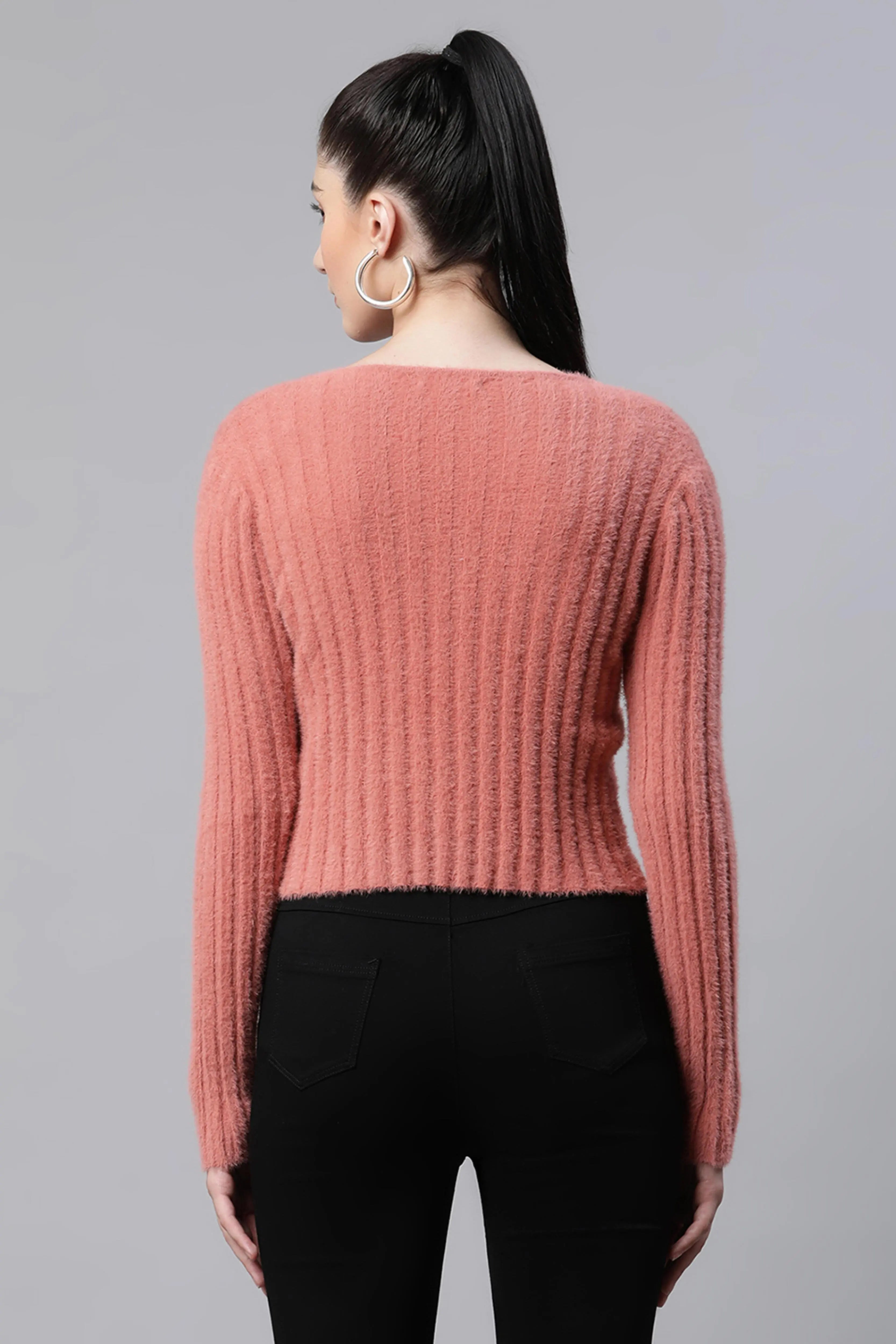 Women Pink Knit Slim Fit Casual Cardigan