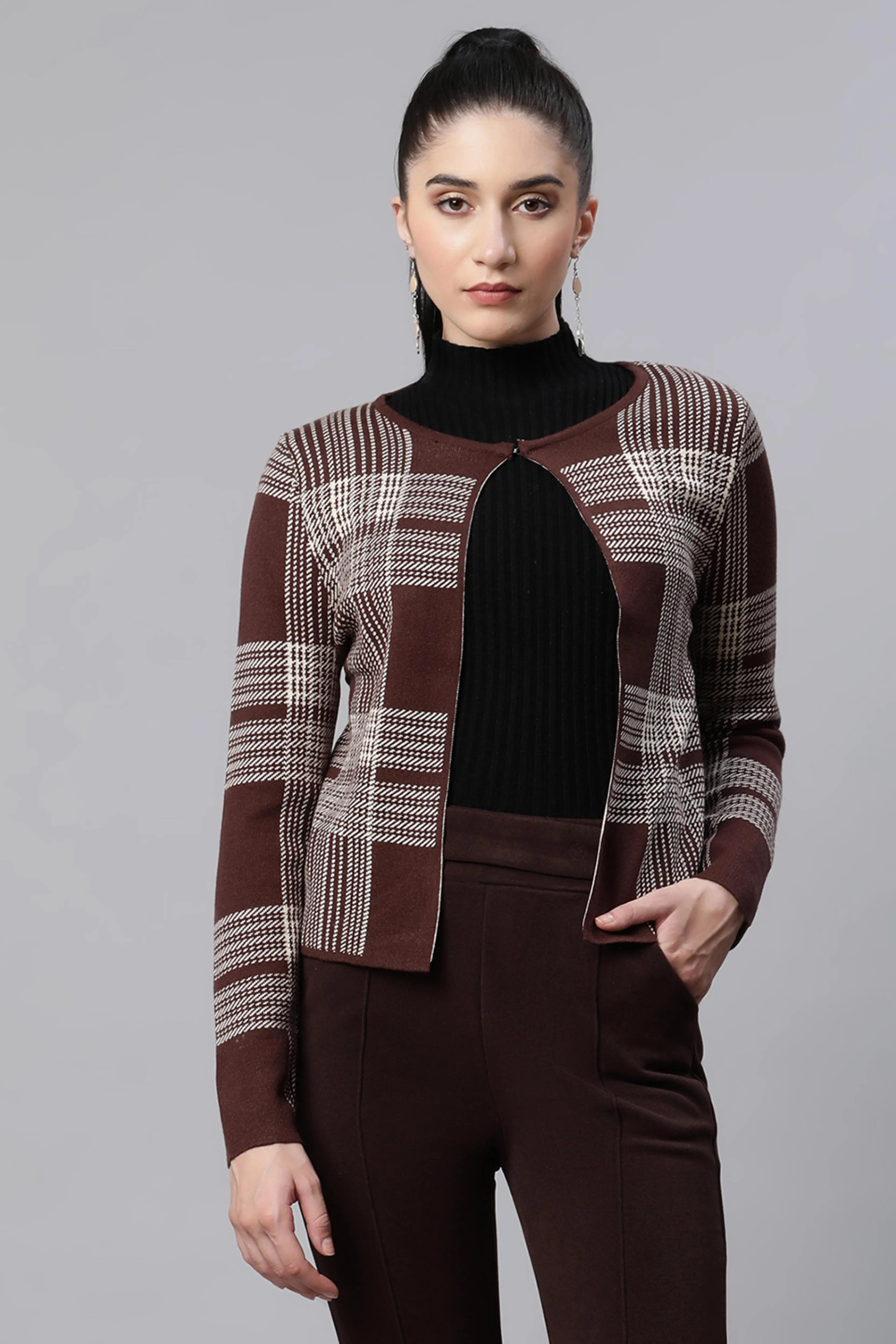 Maroon Checkered  ester Cardigan - Global Republic