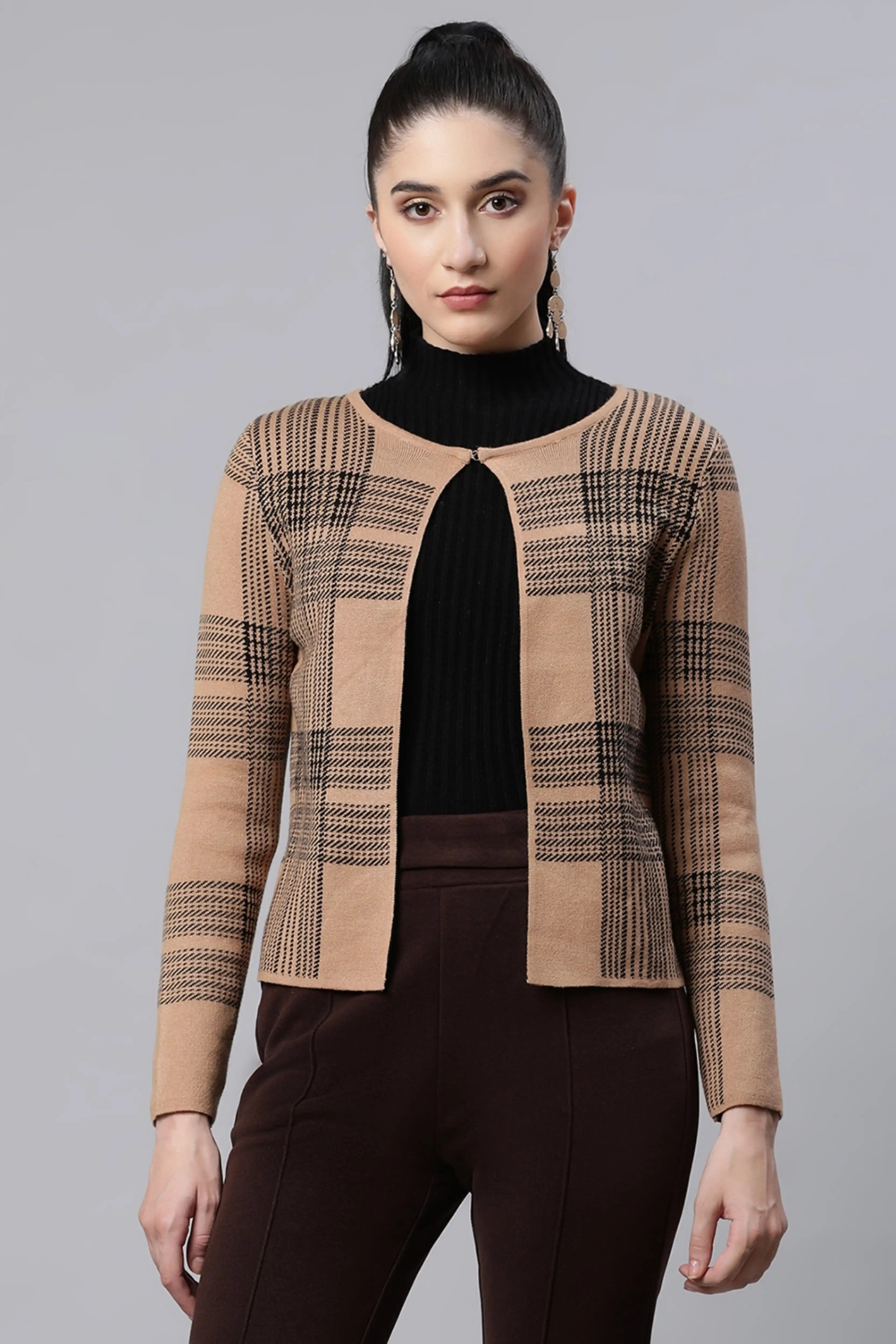 Beige Checkered Cardigan