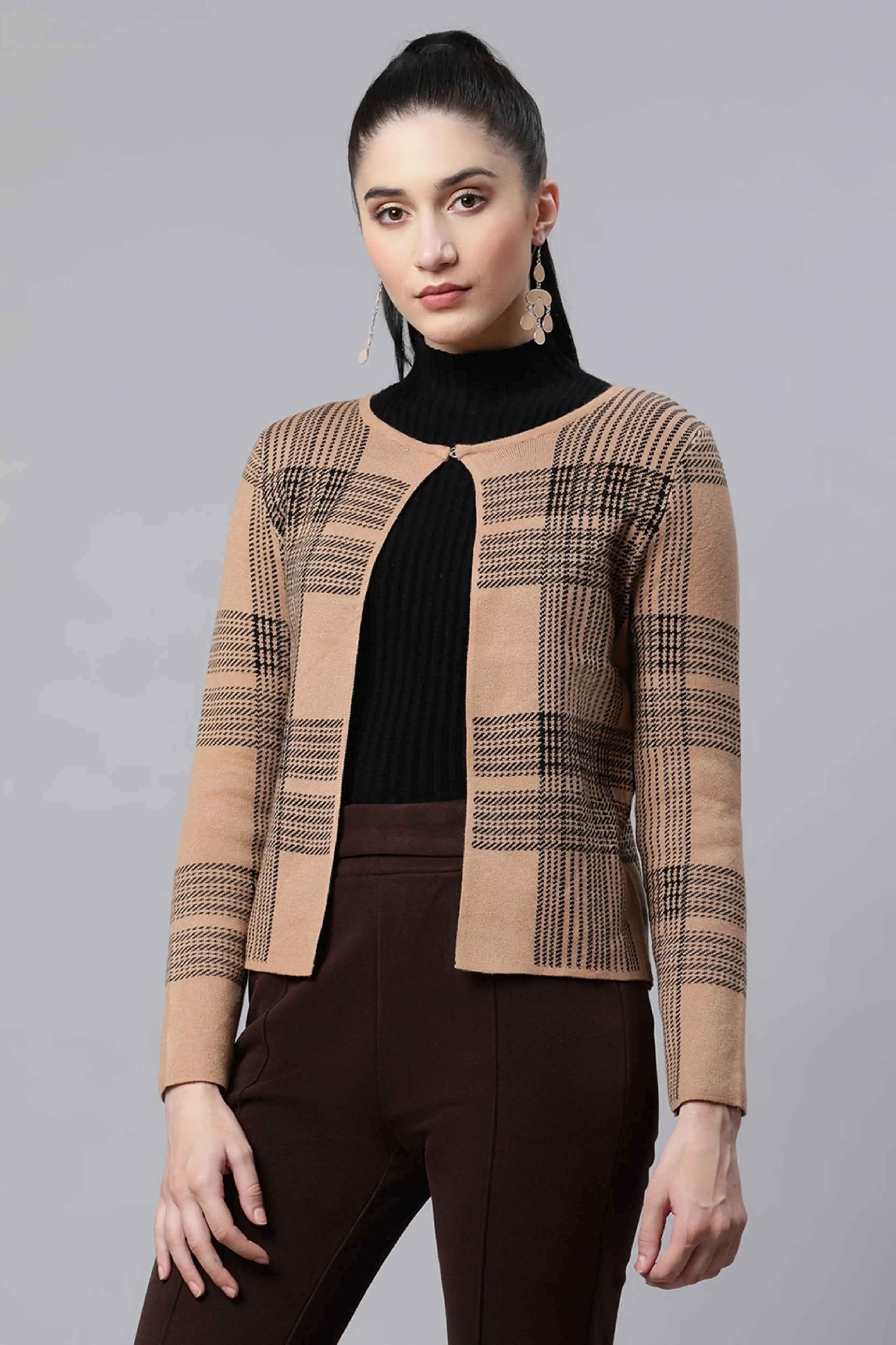 Beige Checkered Cardigan