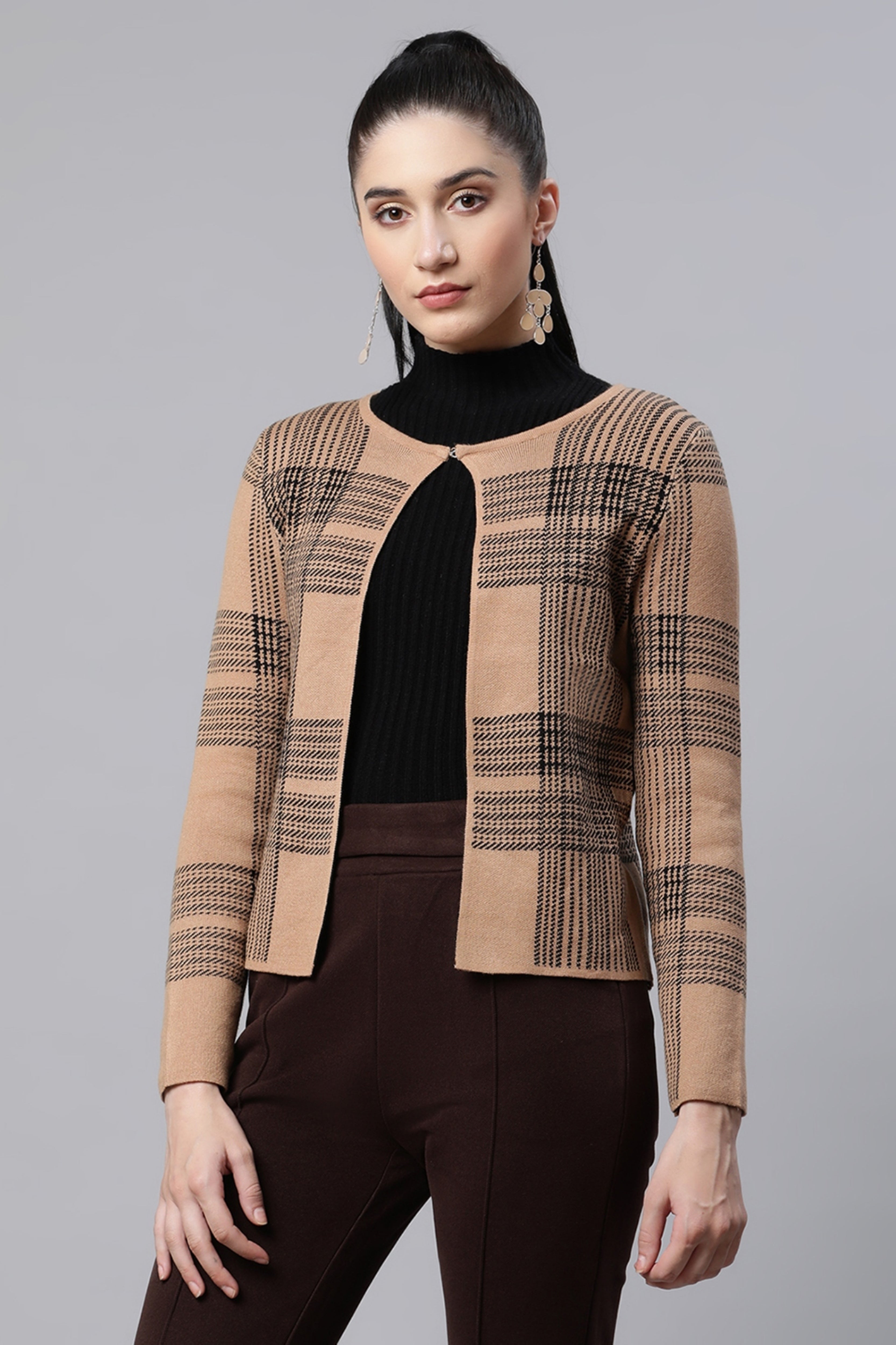 Beige Checkered Cardigan