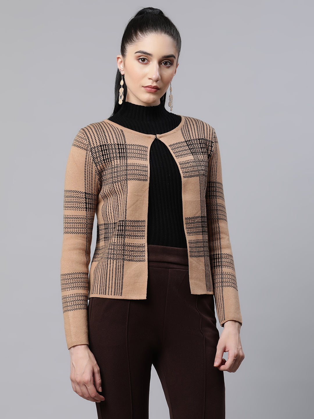 Beige Checkered ester Cardigan - Global Republic