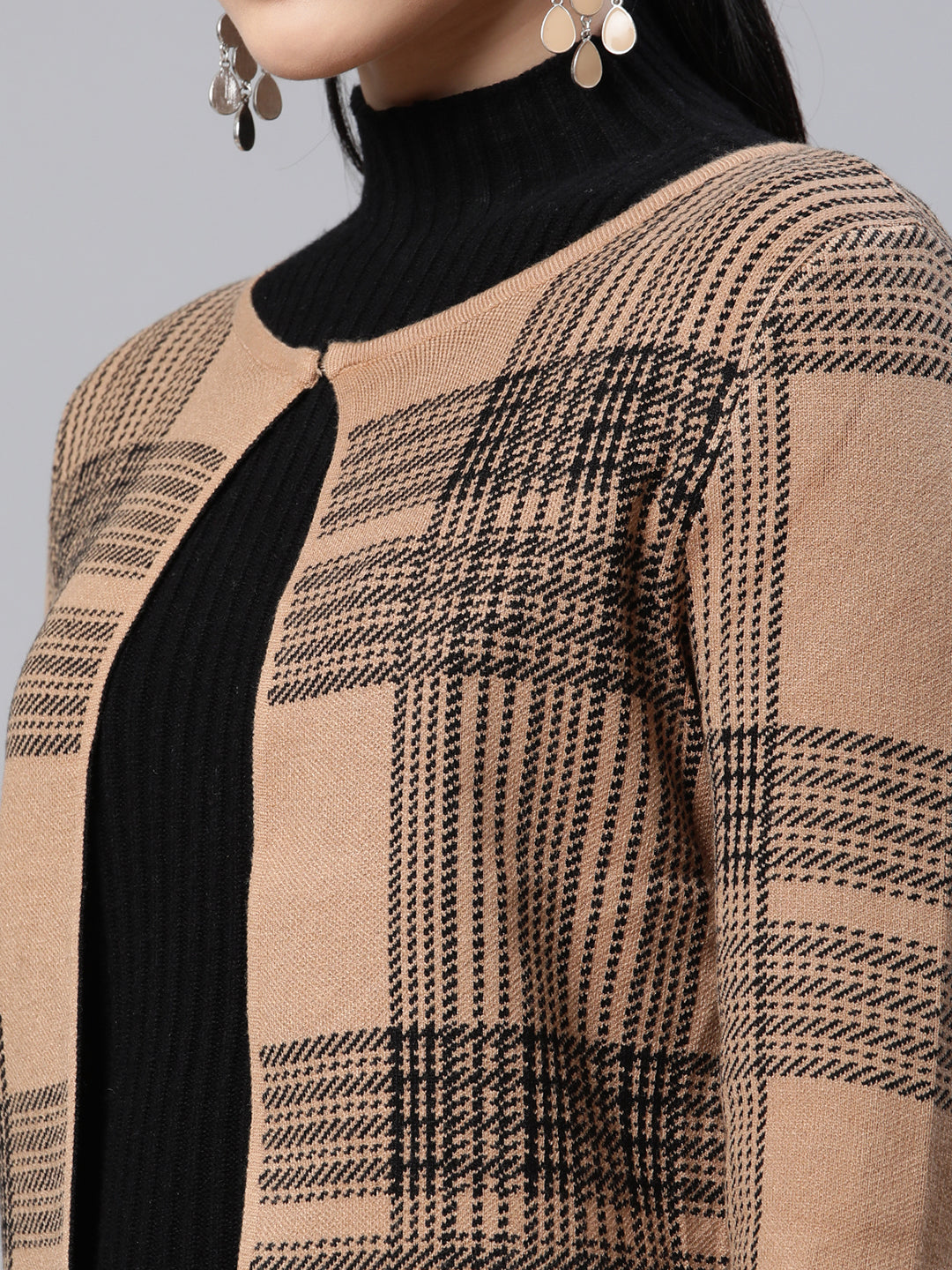 Beige Checkered ester Cardigan - Global Republic