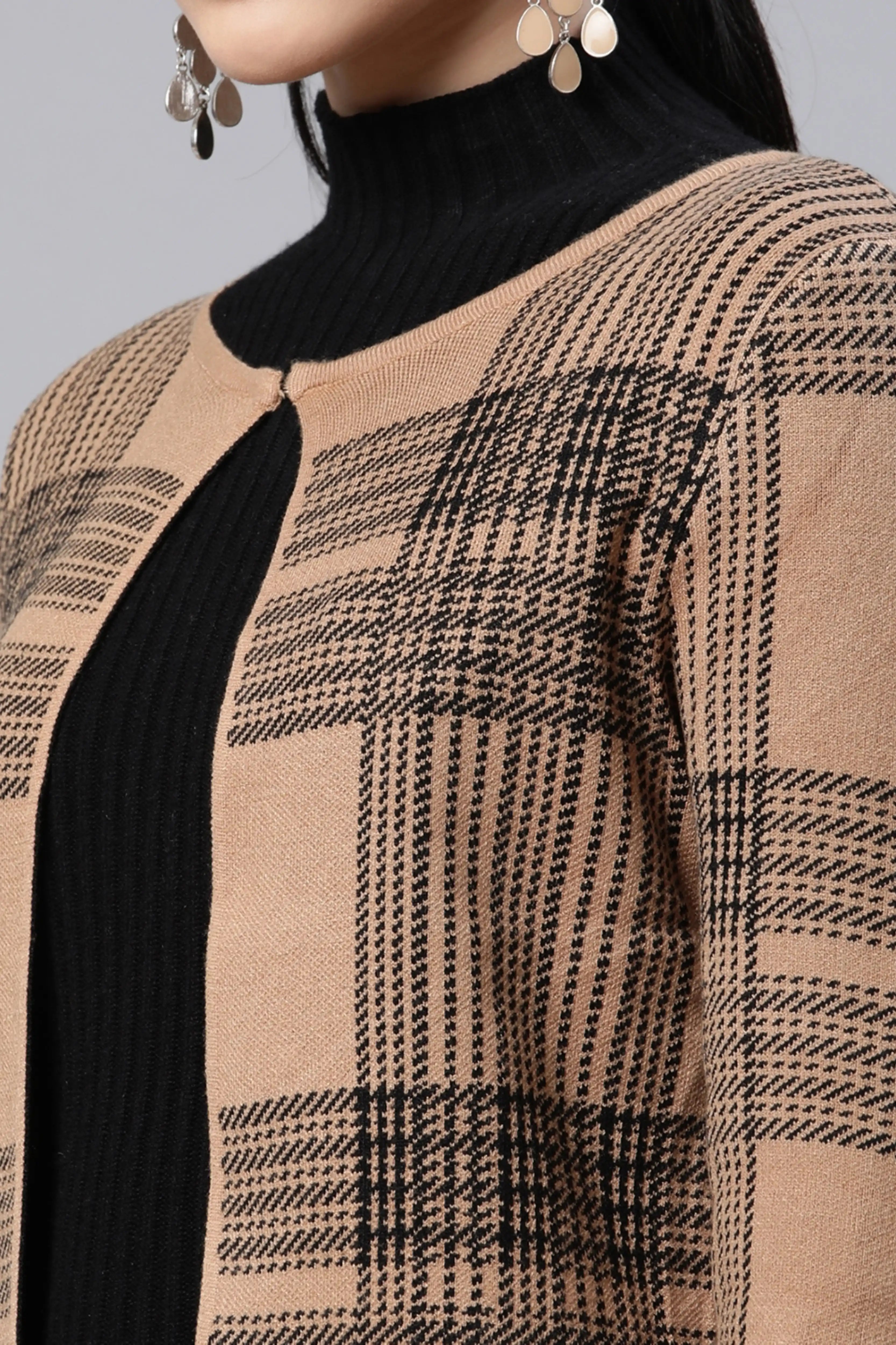 Beige Checkered Cardigan