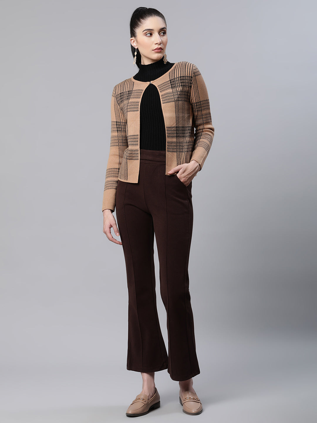 Beige Checkered ester Cardigan - Global Republic