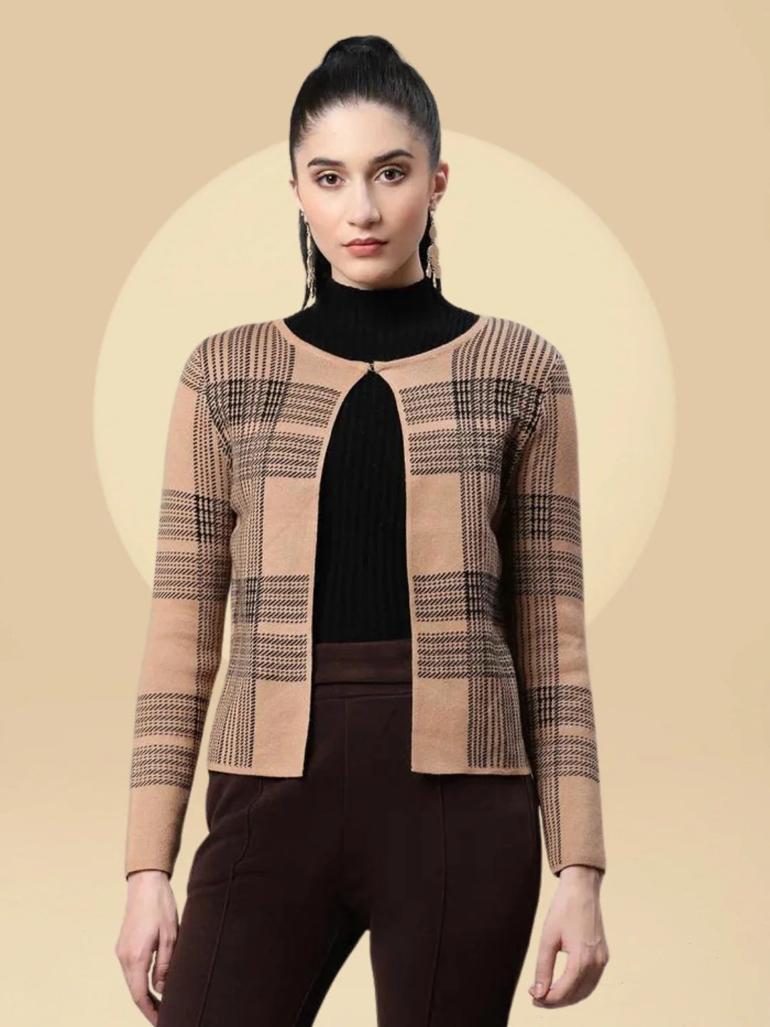 Beige Checkered ester Cardigan - Global Republic