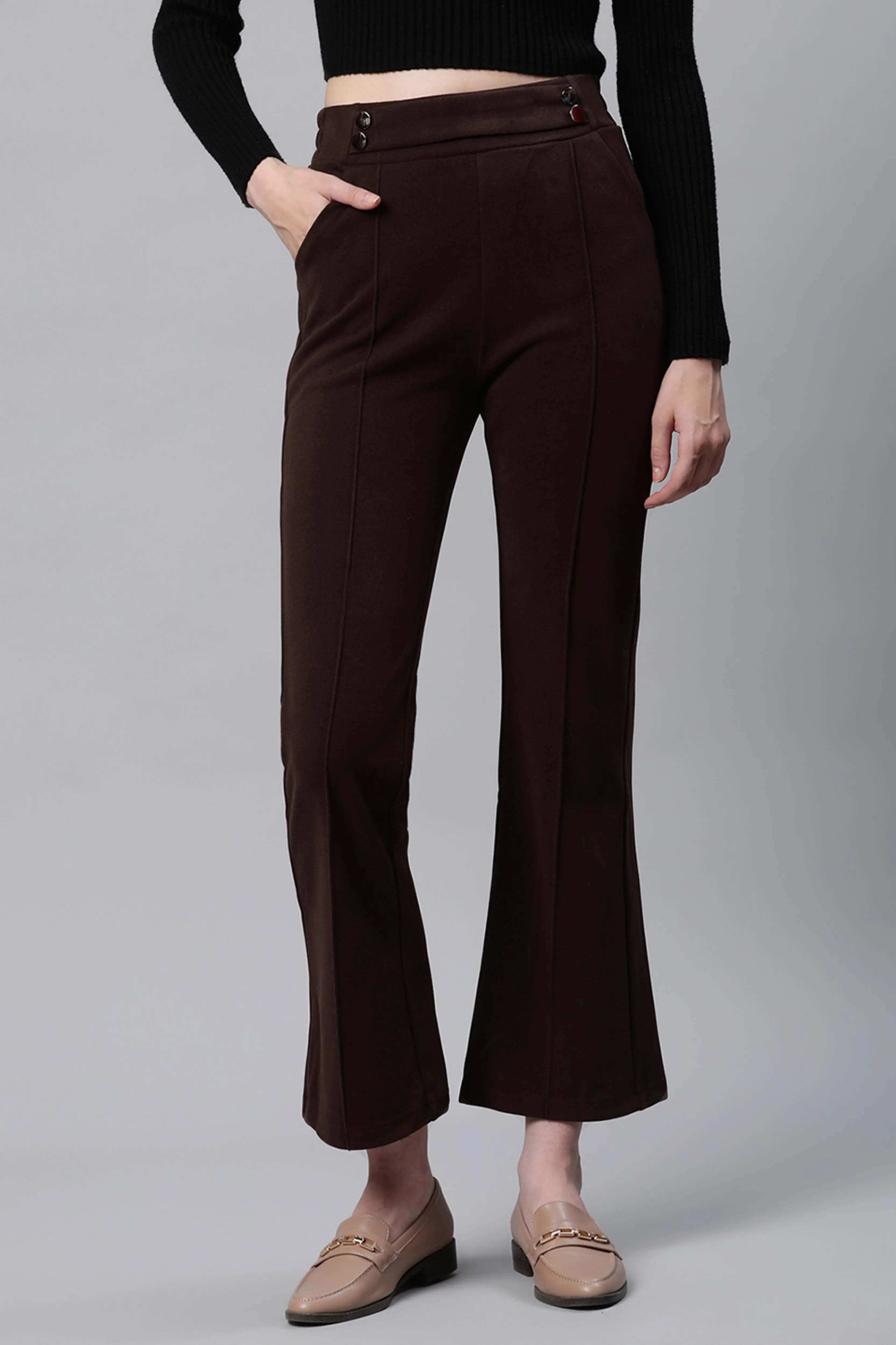 Solid High Rise Brown Flared Trousers