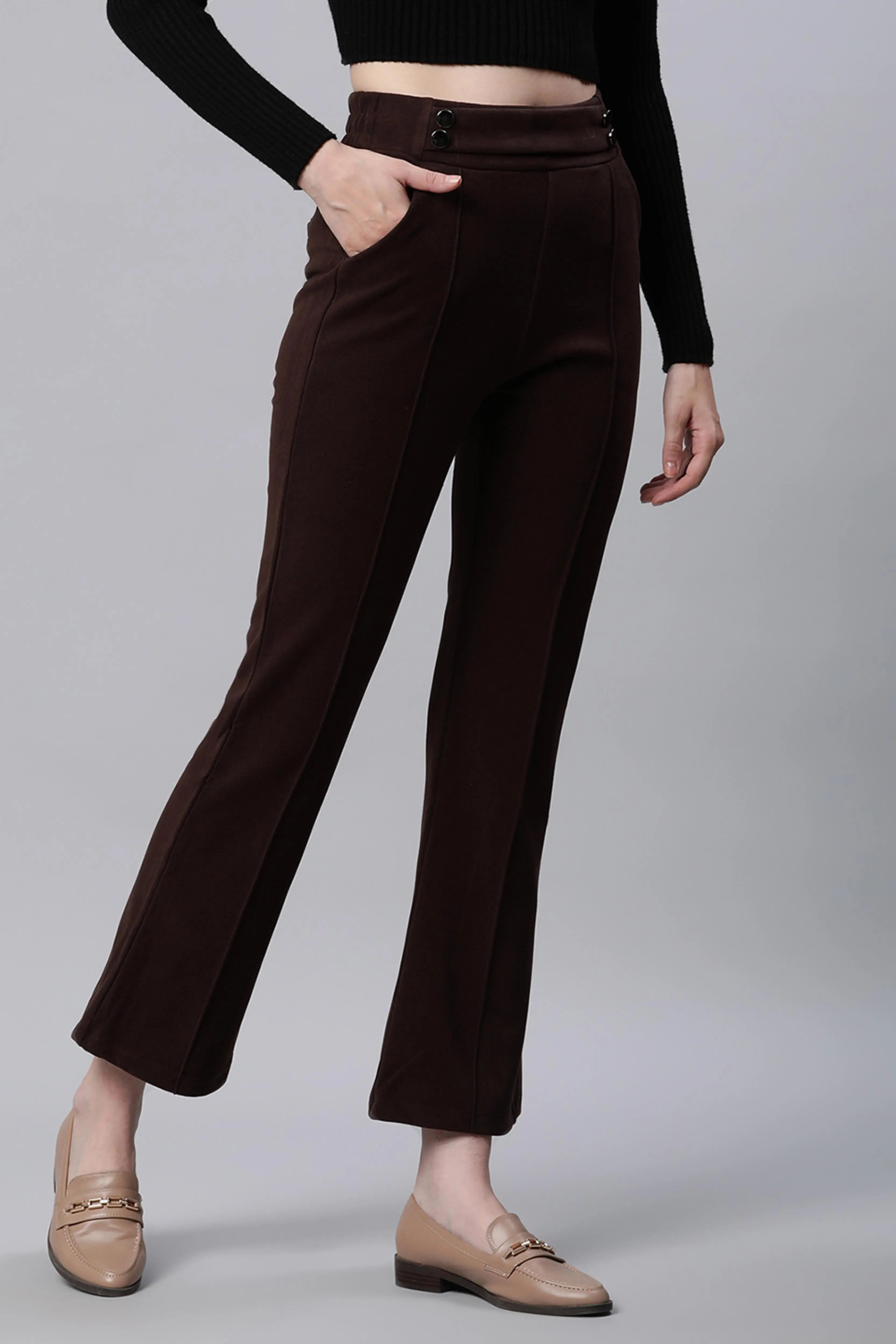 Solid High Rise Brown Flared Trousers