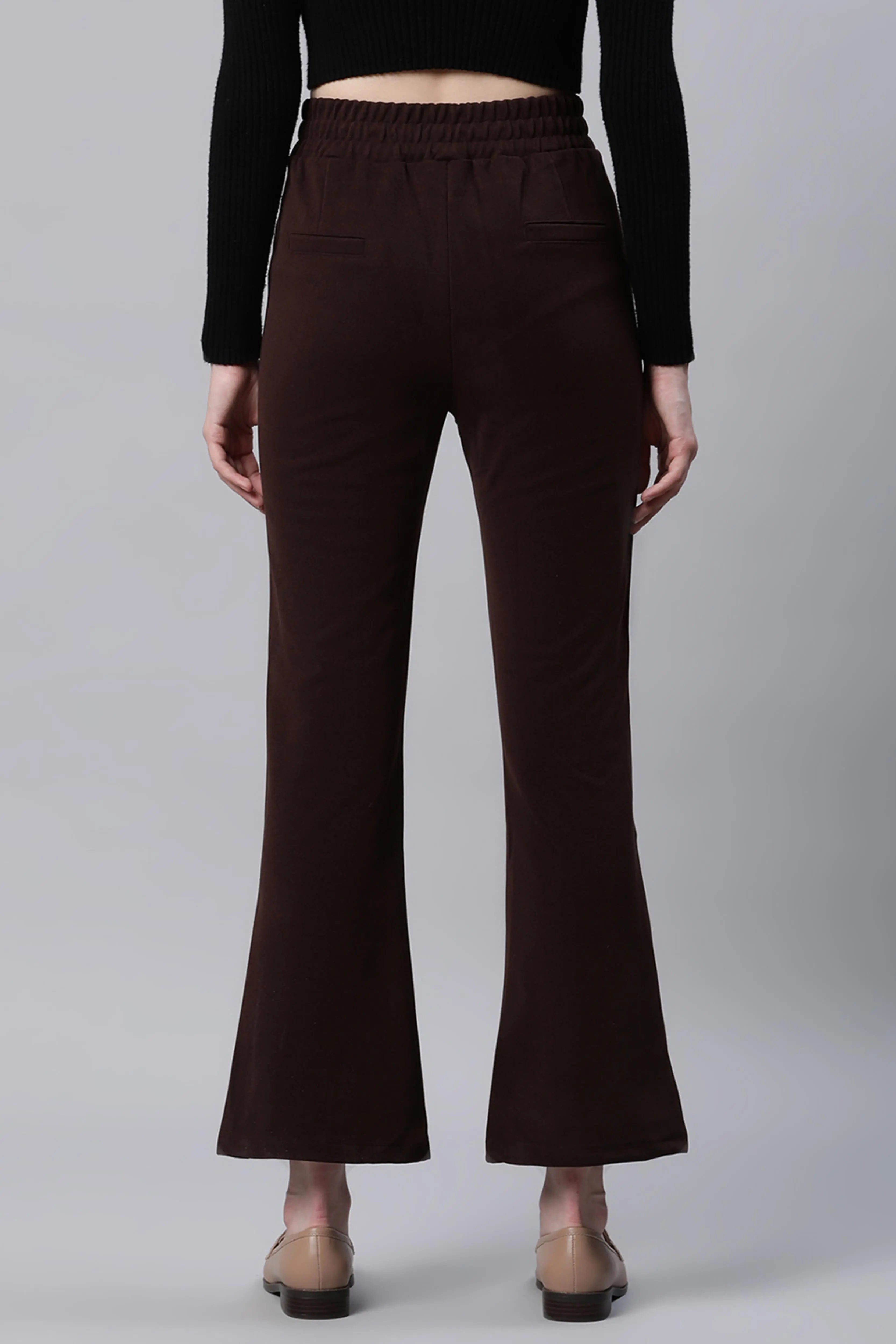 Solid High Rise Brown Flared Trousers