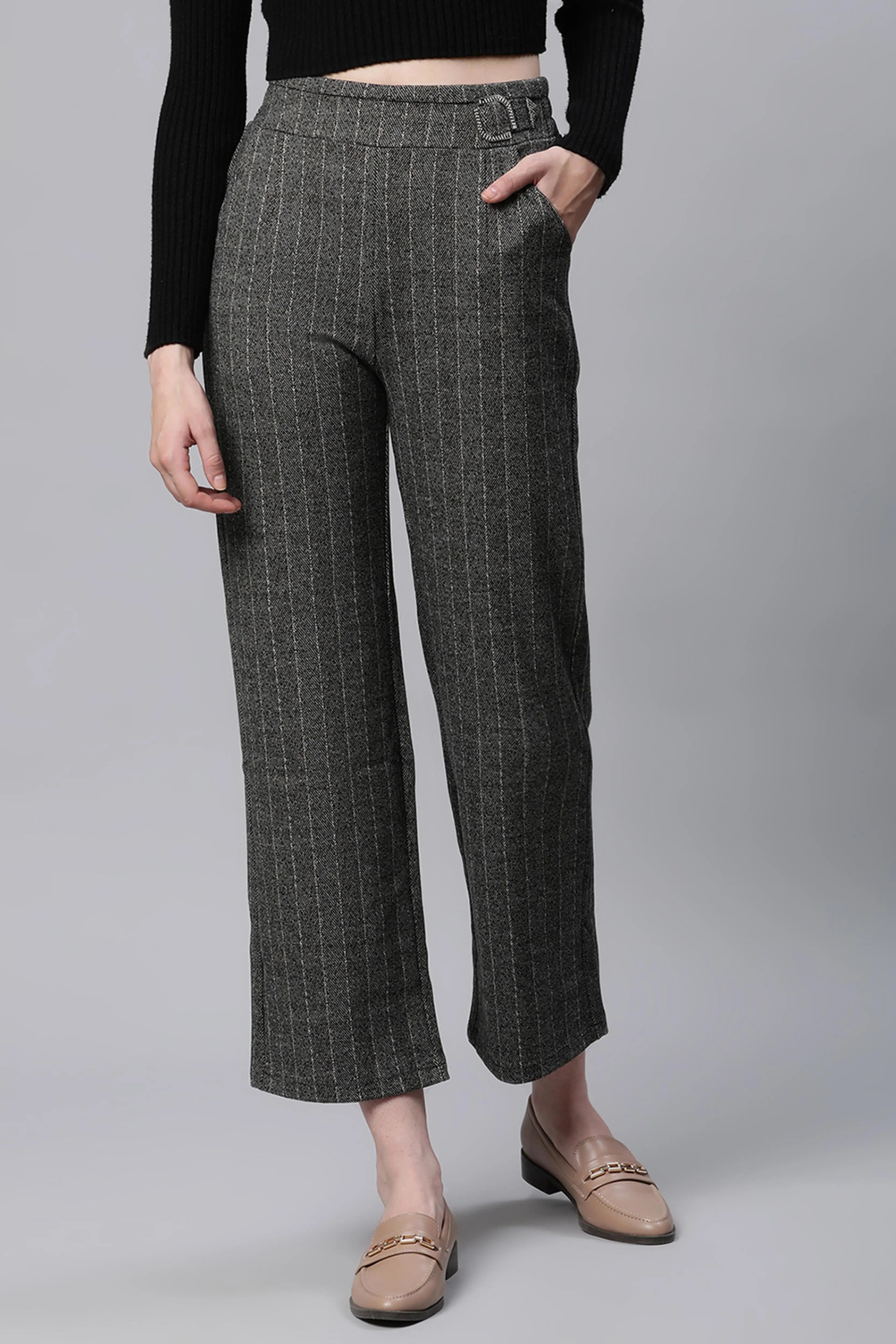 Striped High Rise Brown Straight Trousers