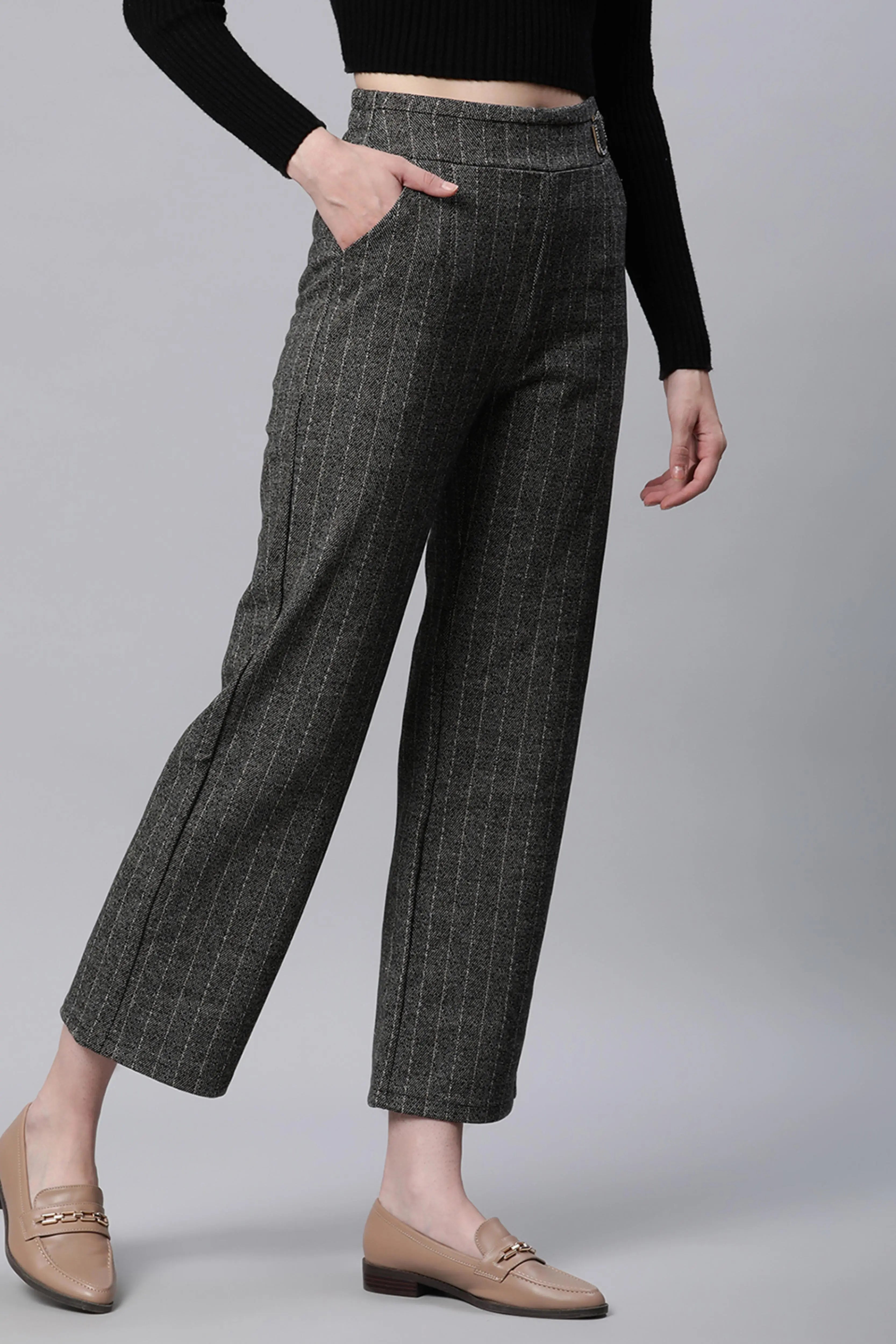 Striped High Rise Brown Straight Trousers