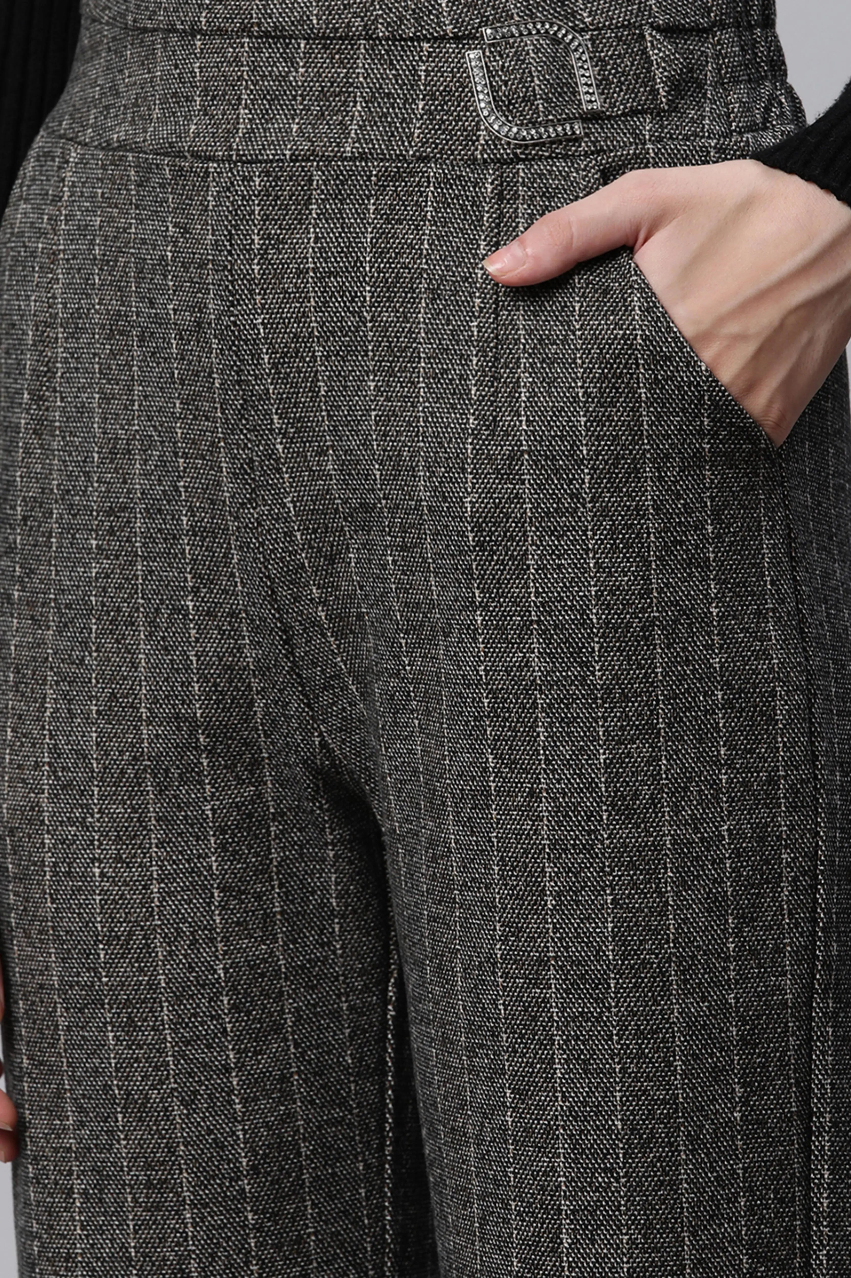 Striped High Rise Brown Straight Trousers