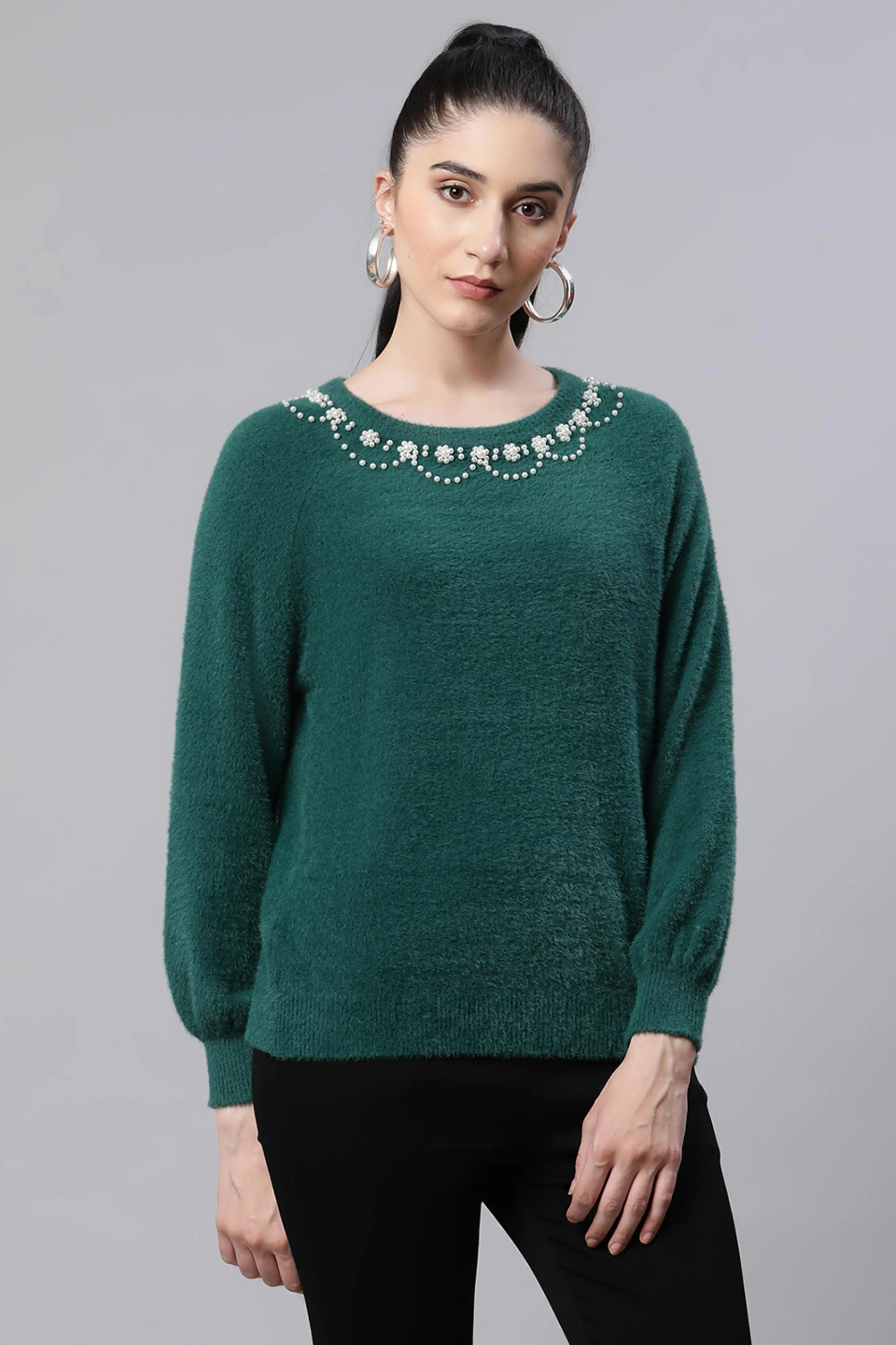 Shop Green Woolen Loose Fit Casual