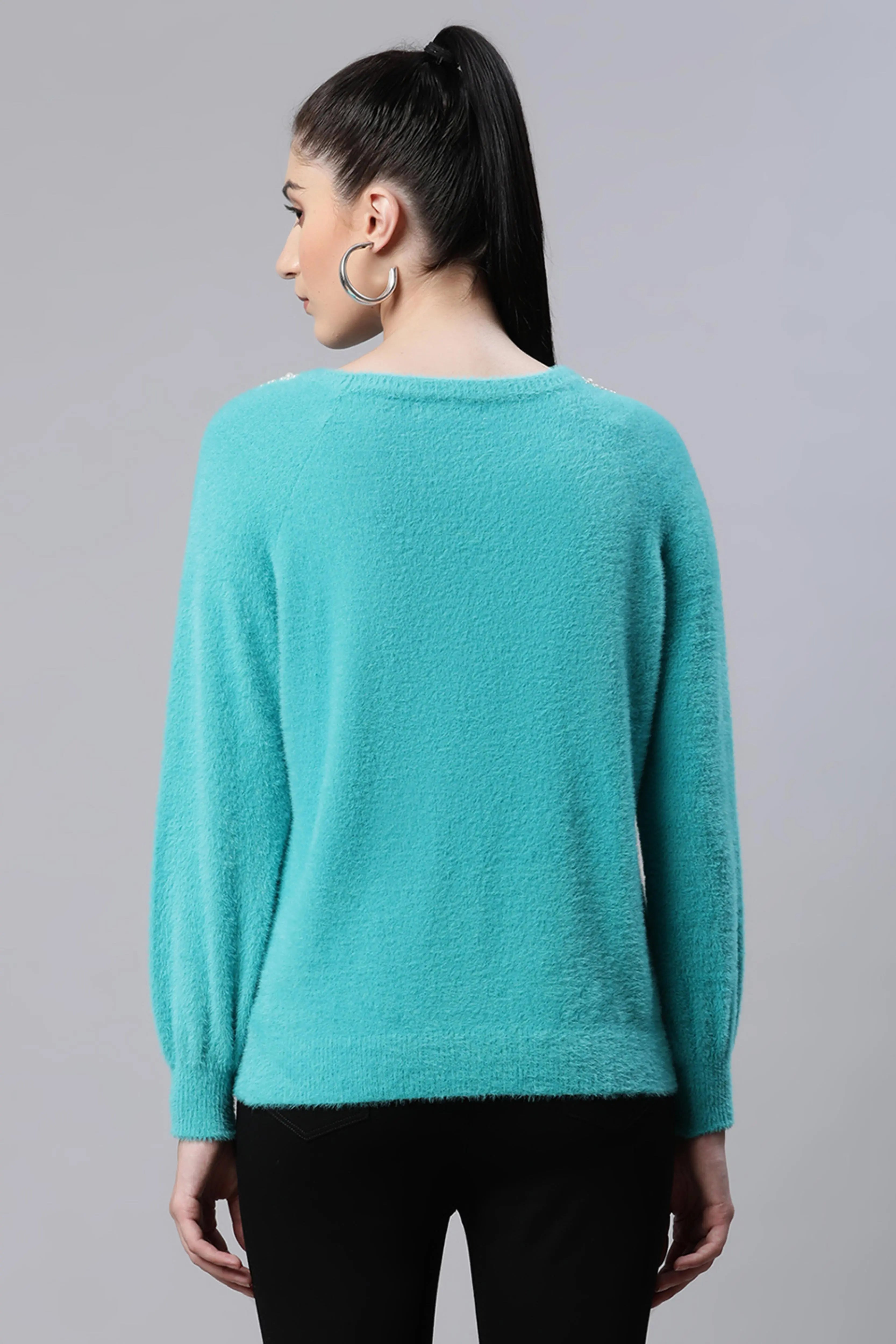 Teal Embellished Loose Woolen Pullover - Global Republic