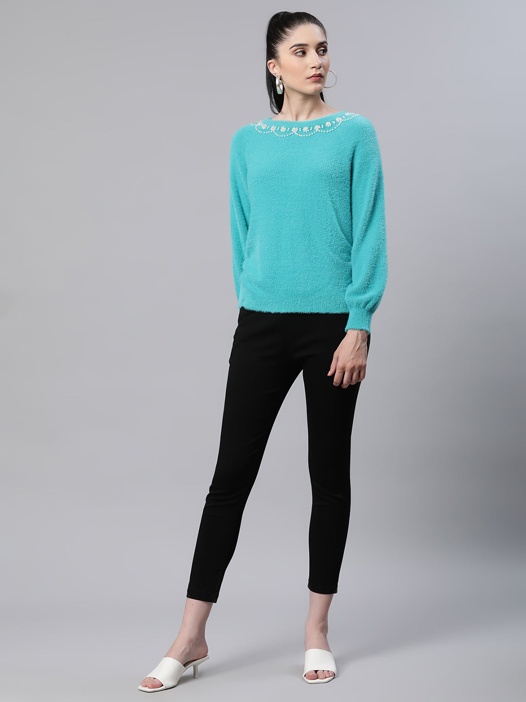 Teal Embellished Loose Woolen Pullover - Global Republic