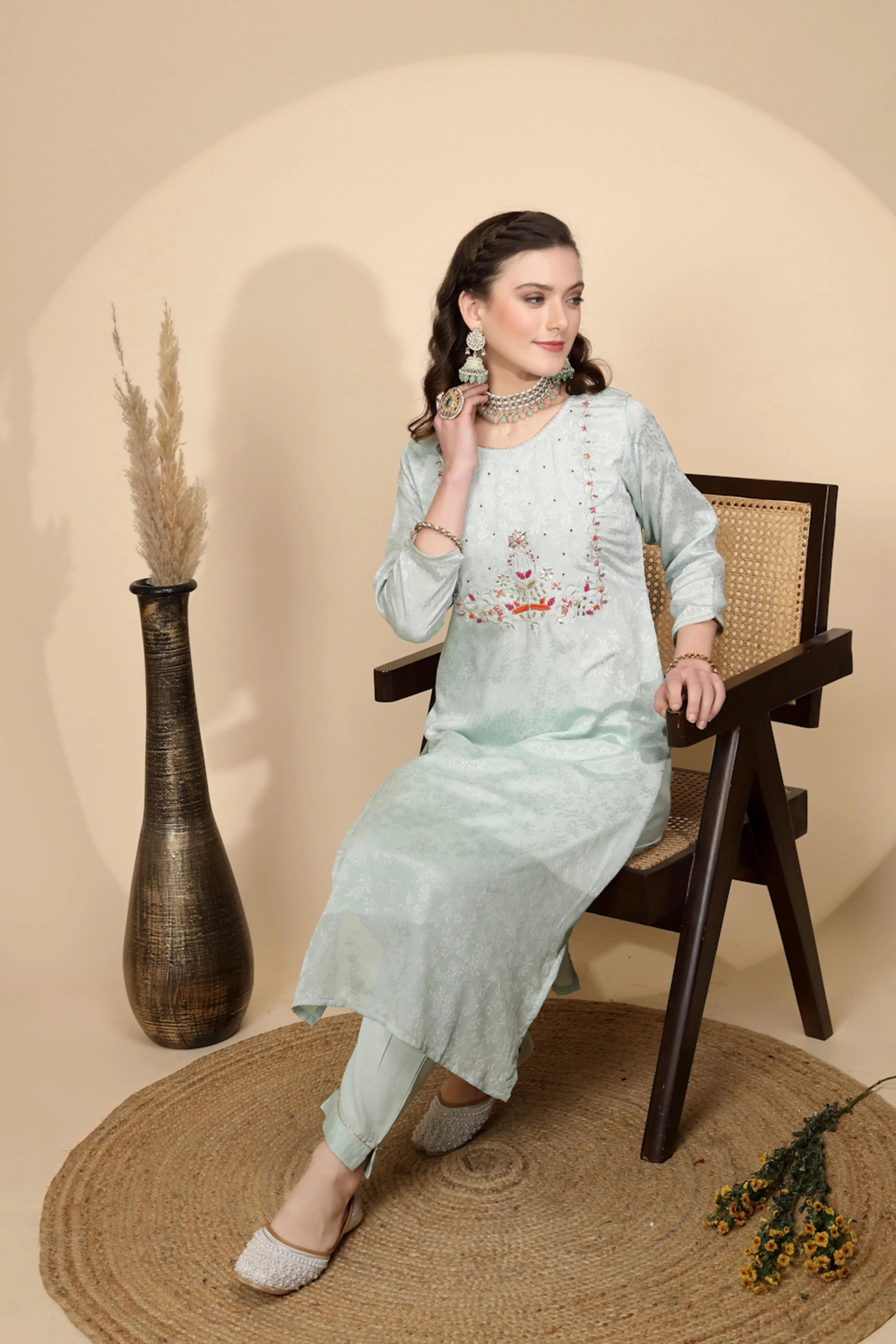 Sage Green  Silk Kurta Set - Global Republic
