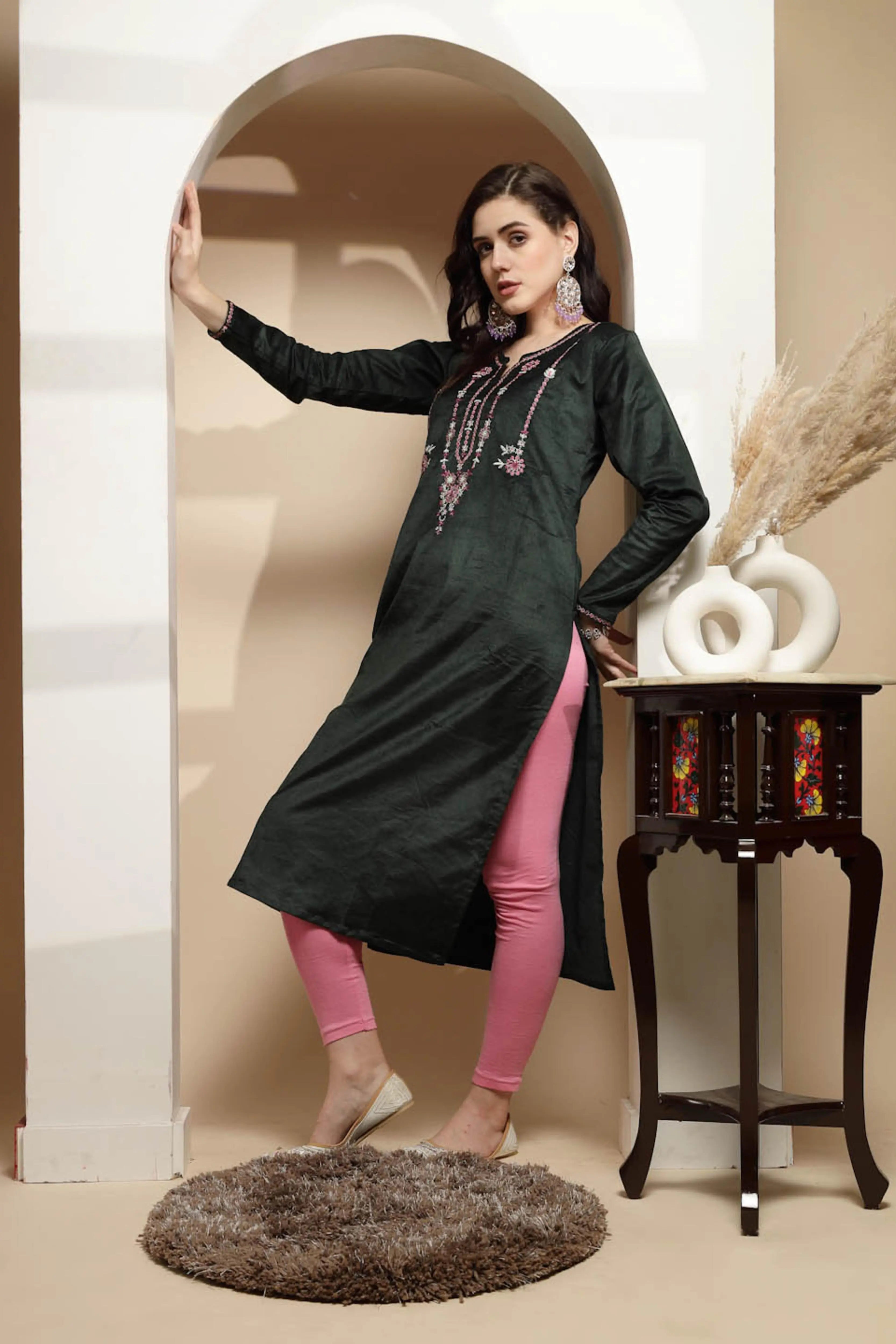 Olive Embellished Cotton Kurta - Global Republic