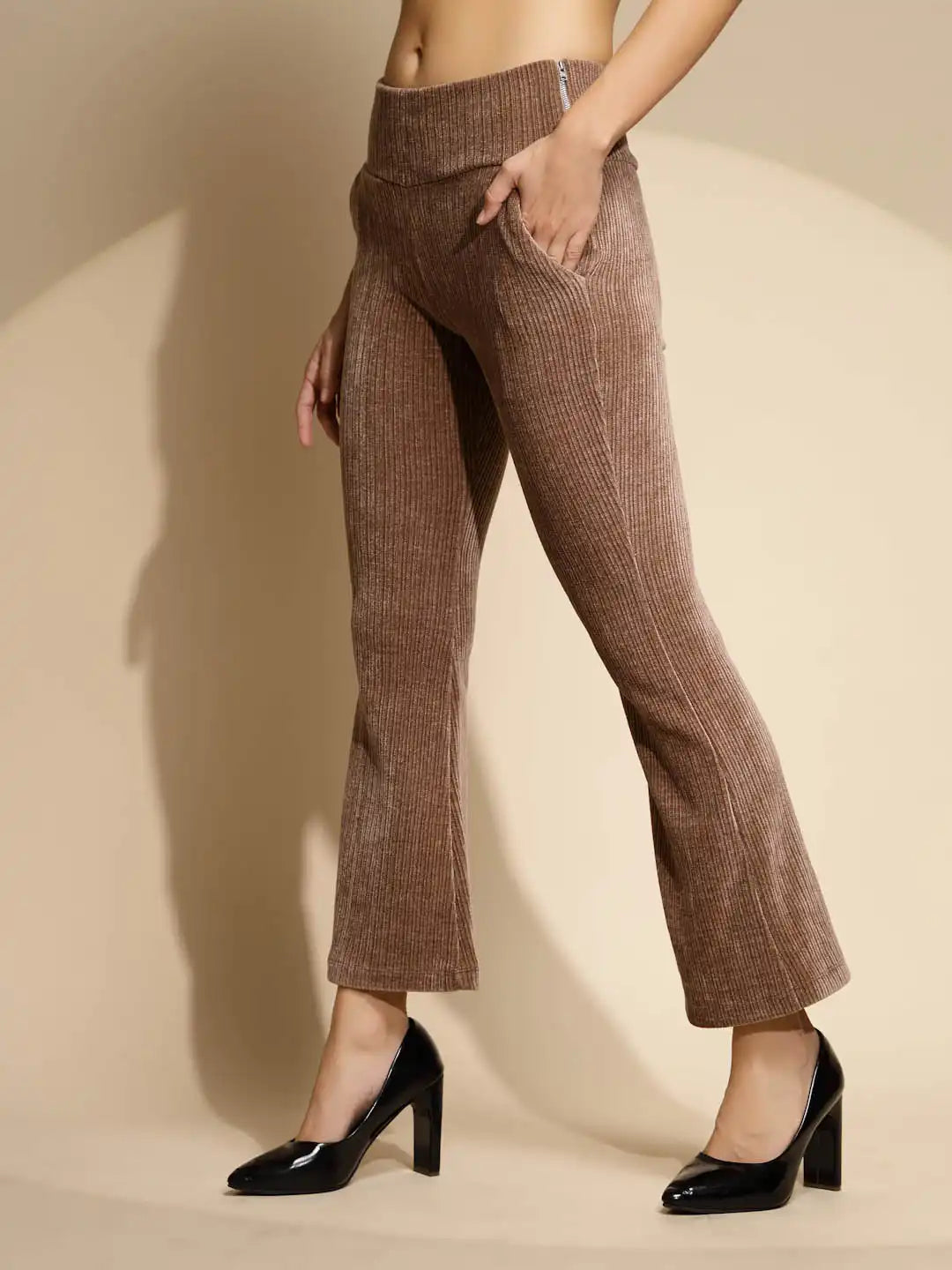 Brown Solid High Rise Bootcut Warm Jegging For Girl & Women - Global Republic