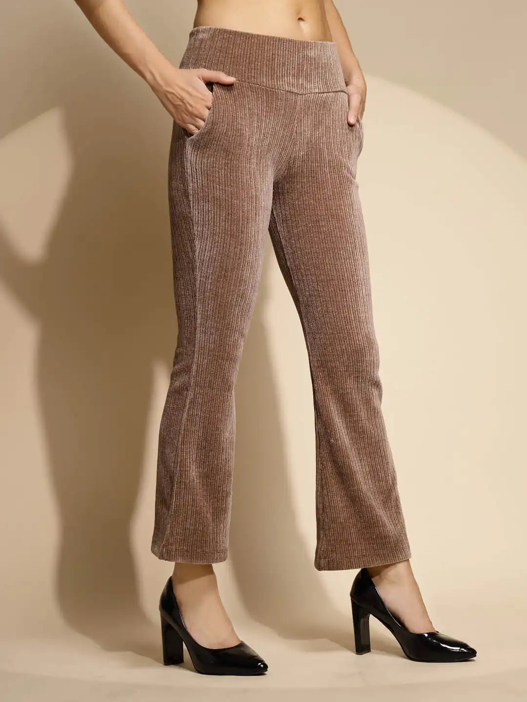 Brown Solid High Rise Bootcut Warm Jegging For Girl & Women - Global Republic
