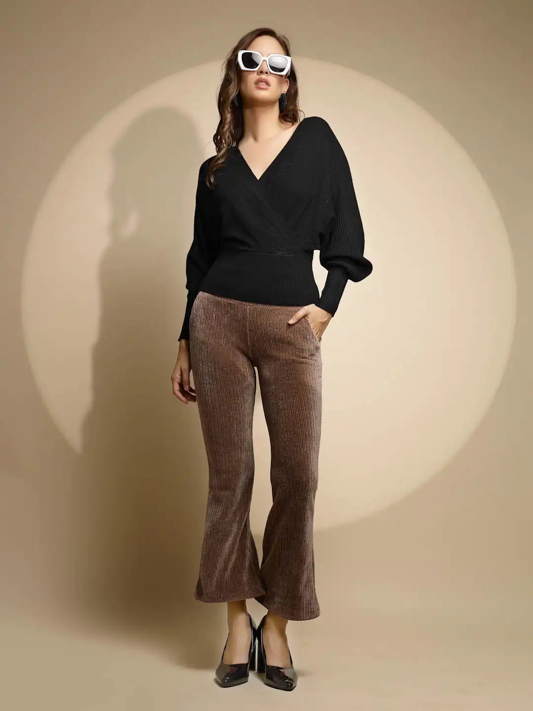 Brown Solid High Rise Bootcut Warm Jegging For Girl & Women - Global Republic
