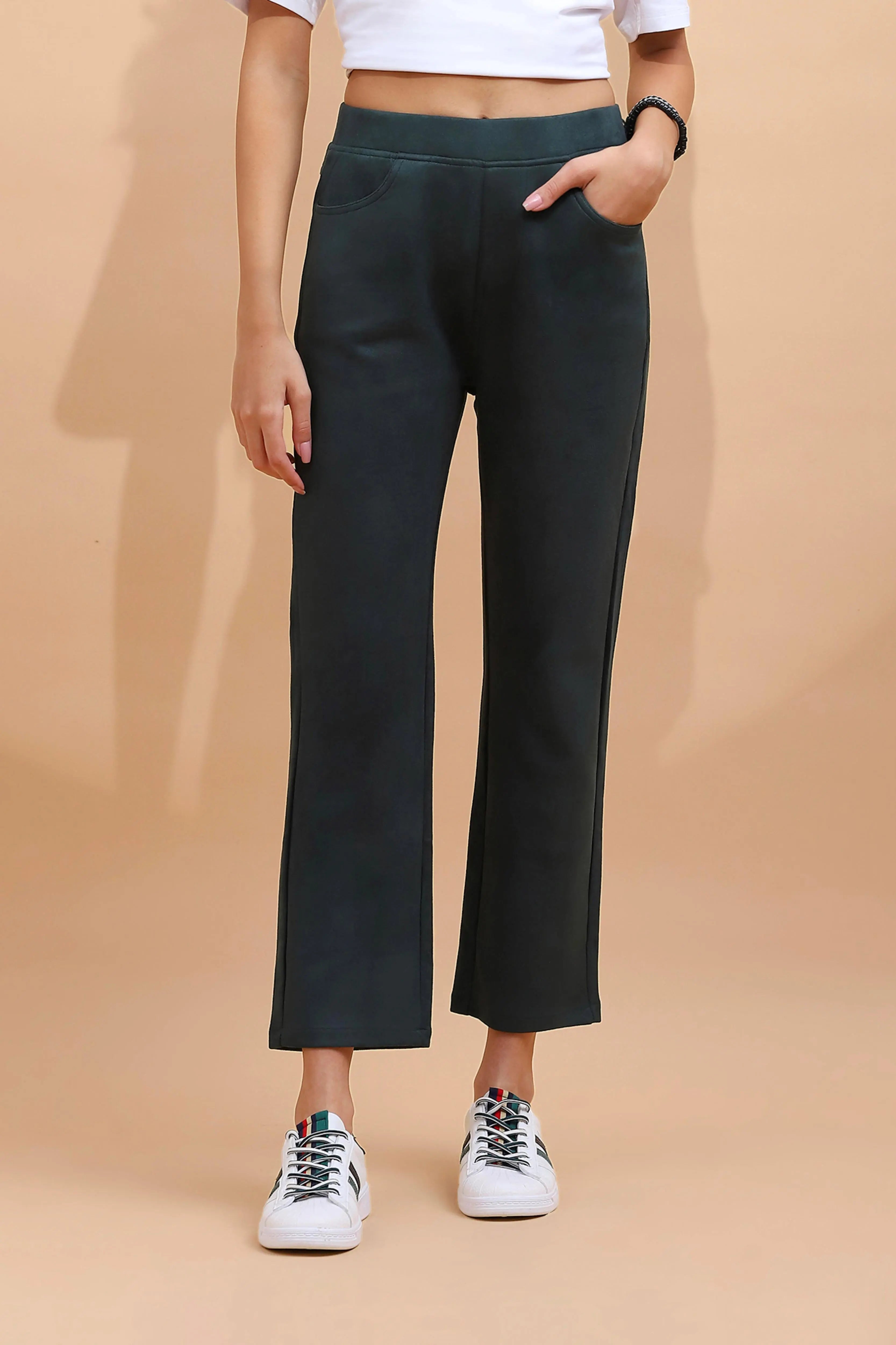 Green Solid Straight Fit Suede Jegging - Global Republic