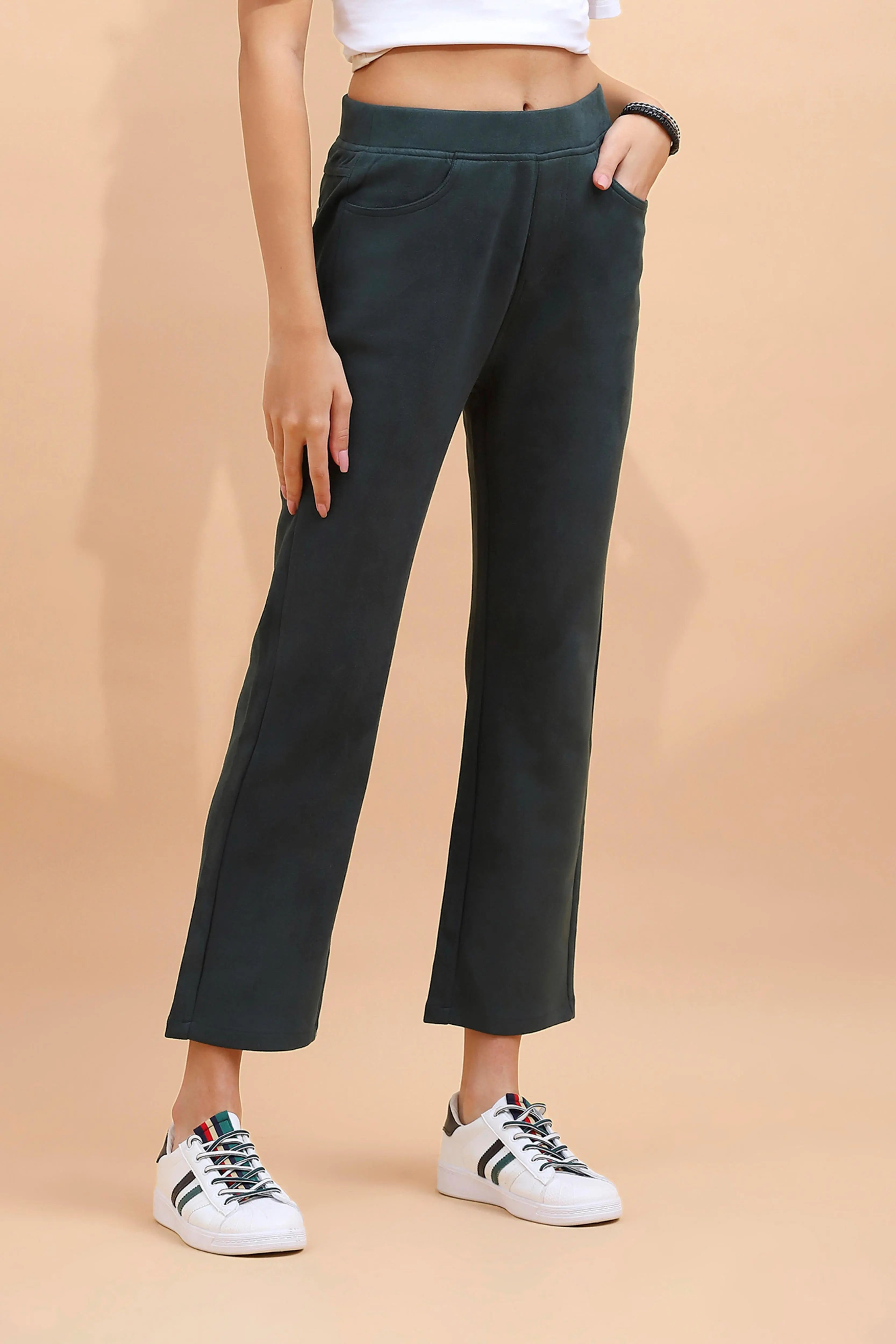 Green Solid Straight Fit Suede Jegging - Global Republic