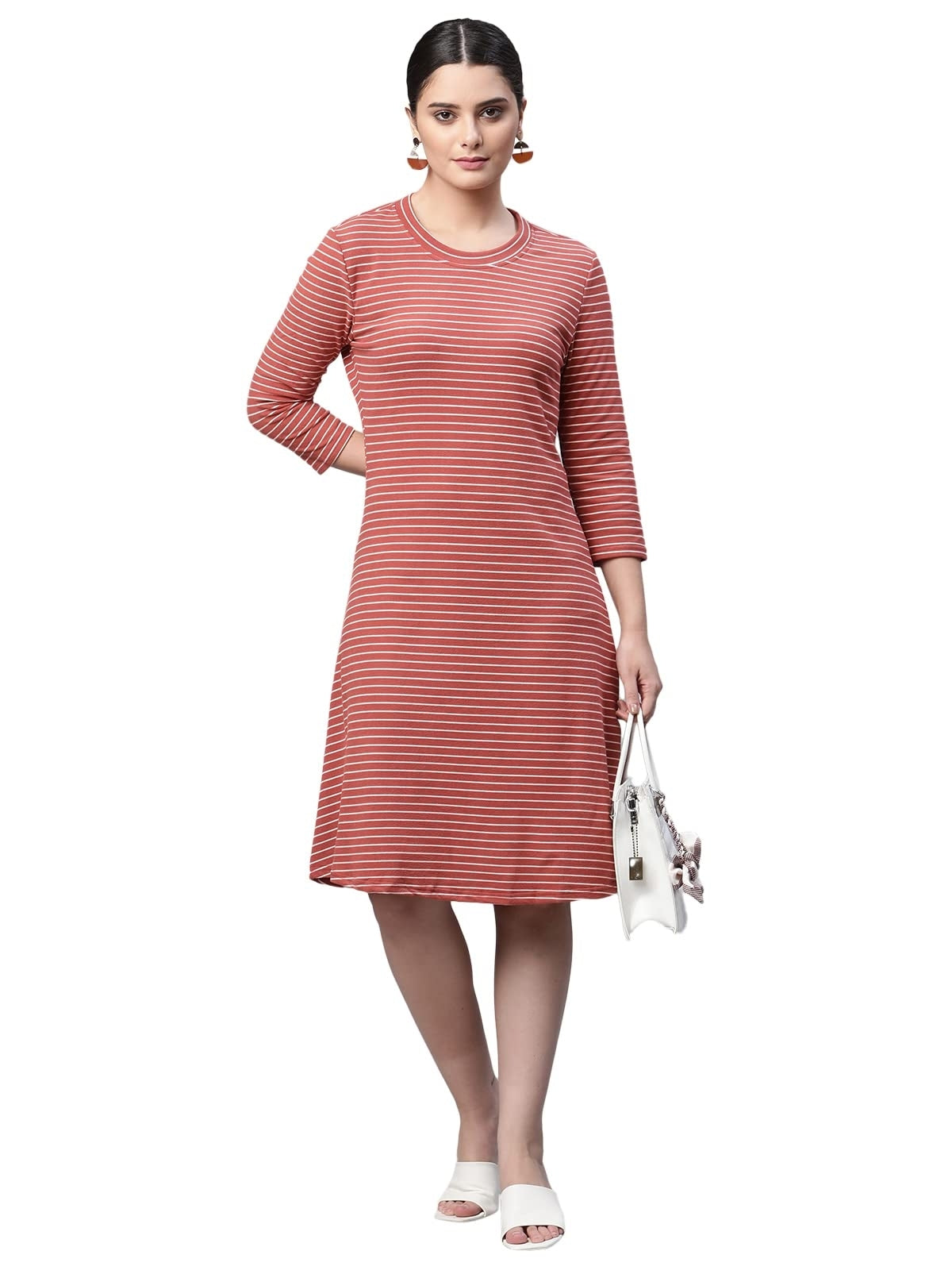 women round neck straight quarter sleeves rust printed regular fit hosiery dress