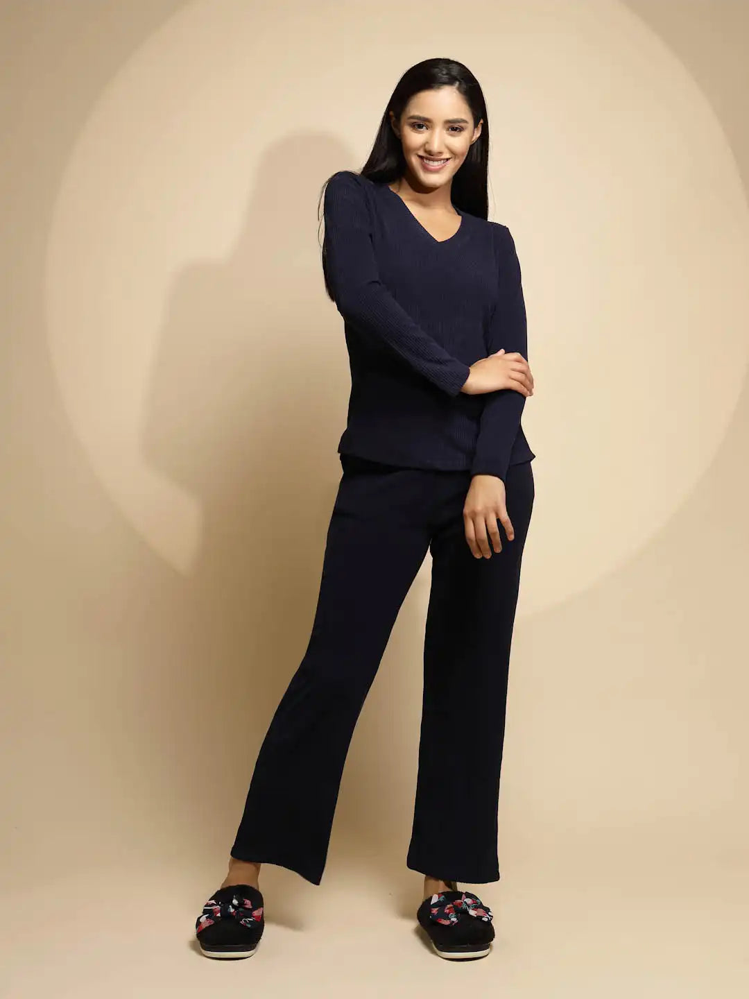 Blue Solid Full Sleeve V Neck Polyester Night Suit