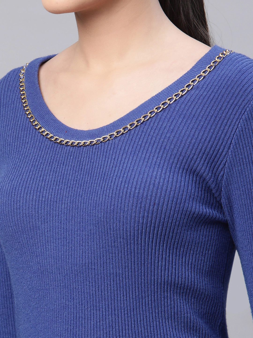 Blue Solid Knitted Pullover - Global Republic