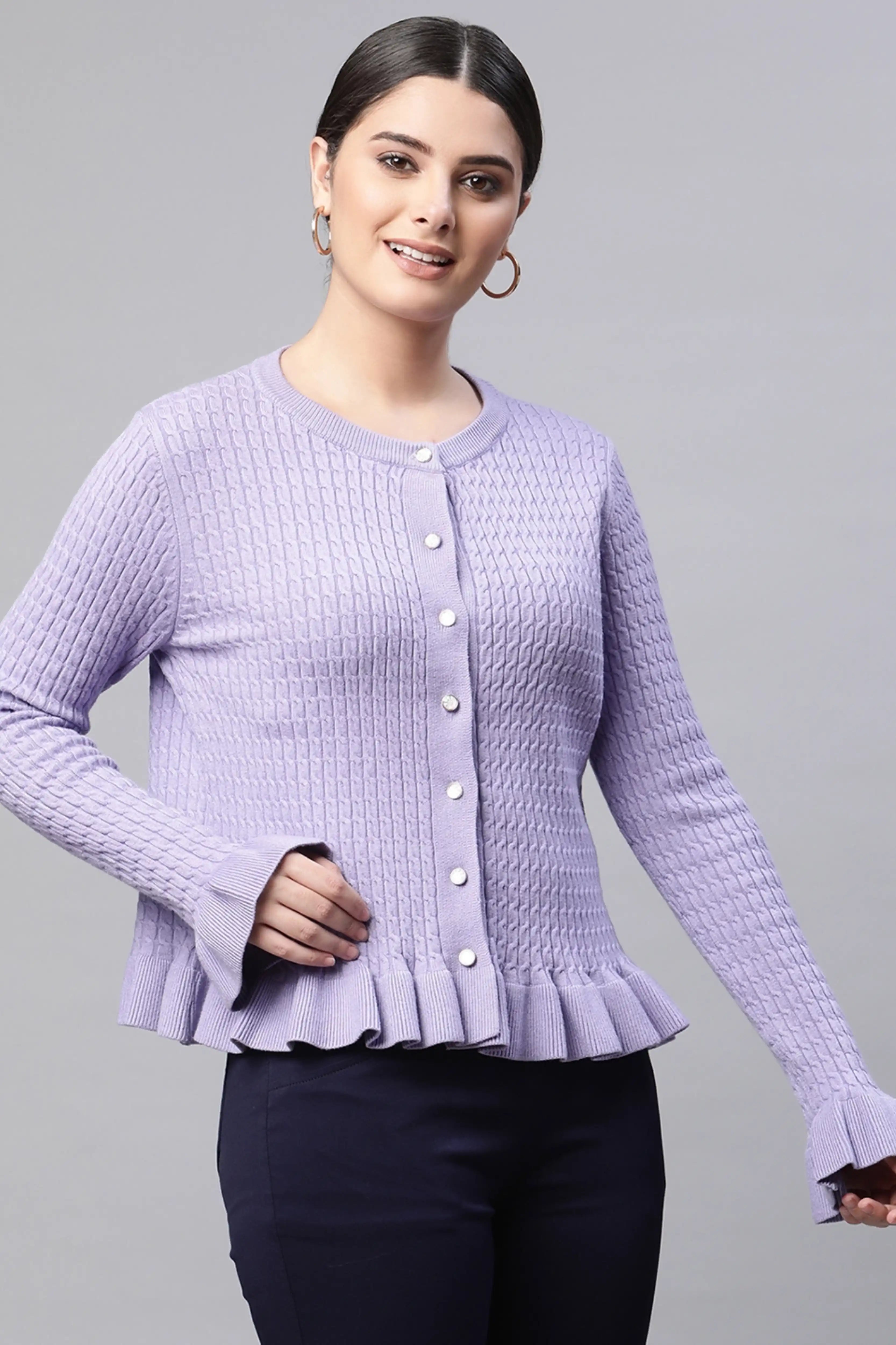 Lavender Ruffled Hem Knitted Pullover