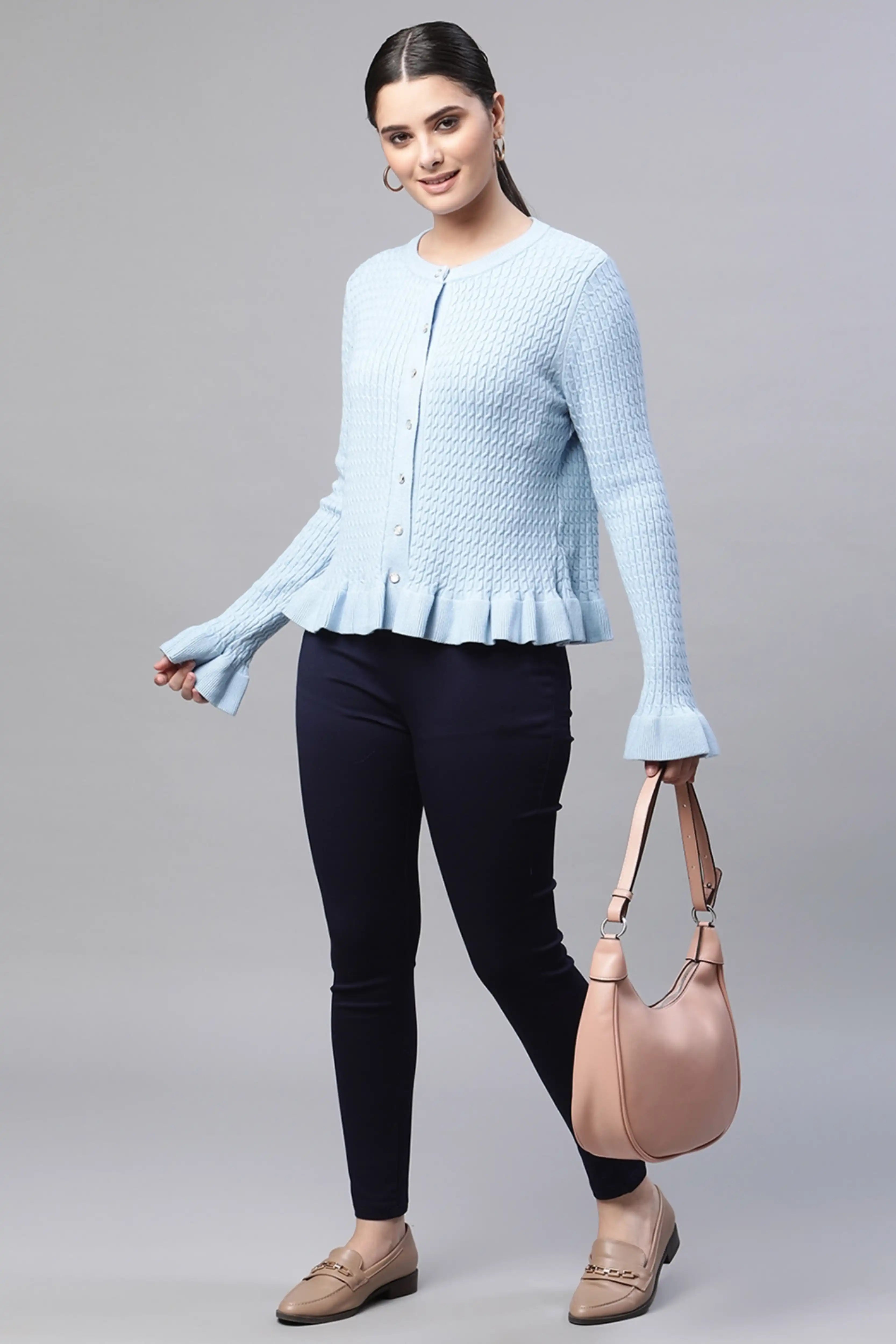 Blue Ruffled Hem Knitted Pullover