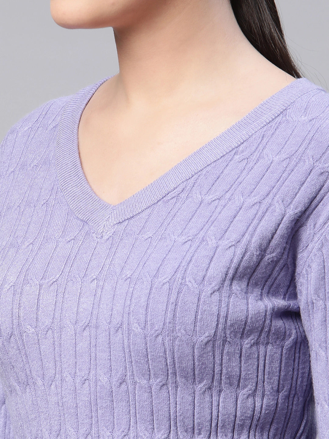 Women V-Neck Elongated Full Sleeves Lavender Jacquard Regular Fit Acrylic Pullover