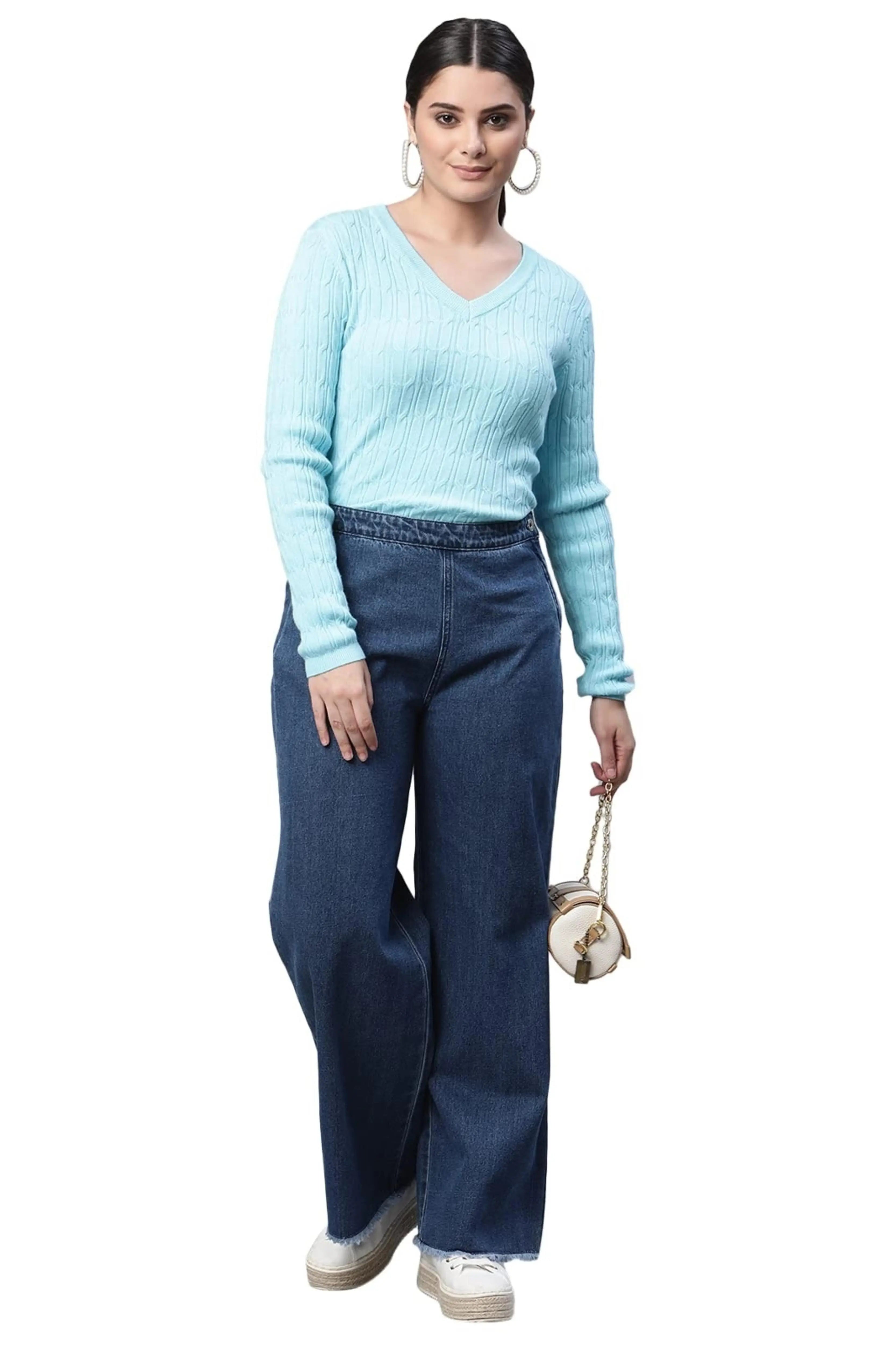 V-Neck Elongated Hem Blue Jacquard Regular Fit Pullover - Global Republic
