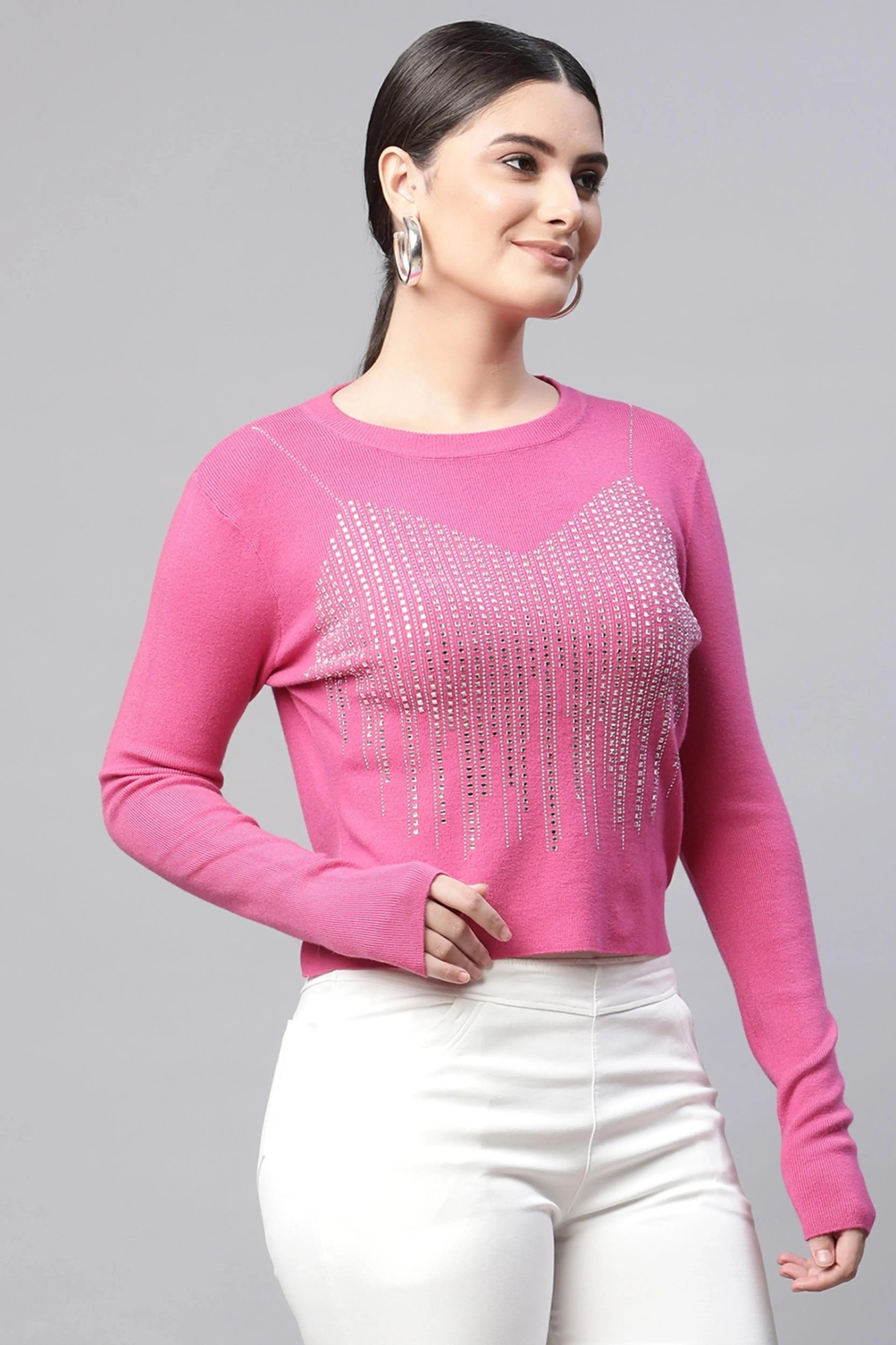 Pink Solid Cropped Knitted Pullover - Global Republic