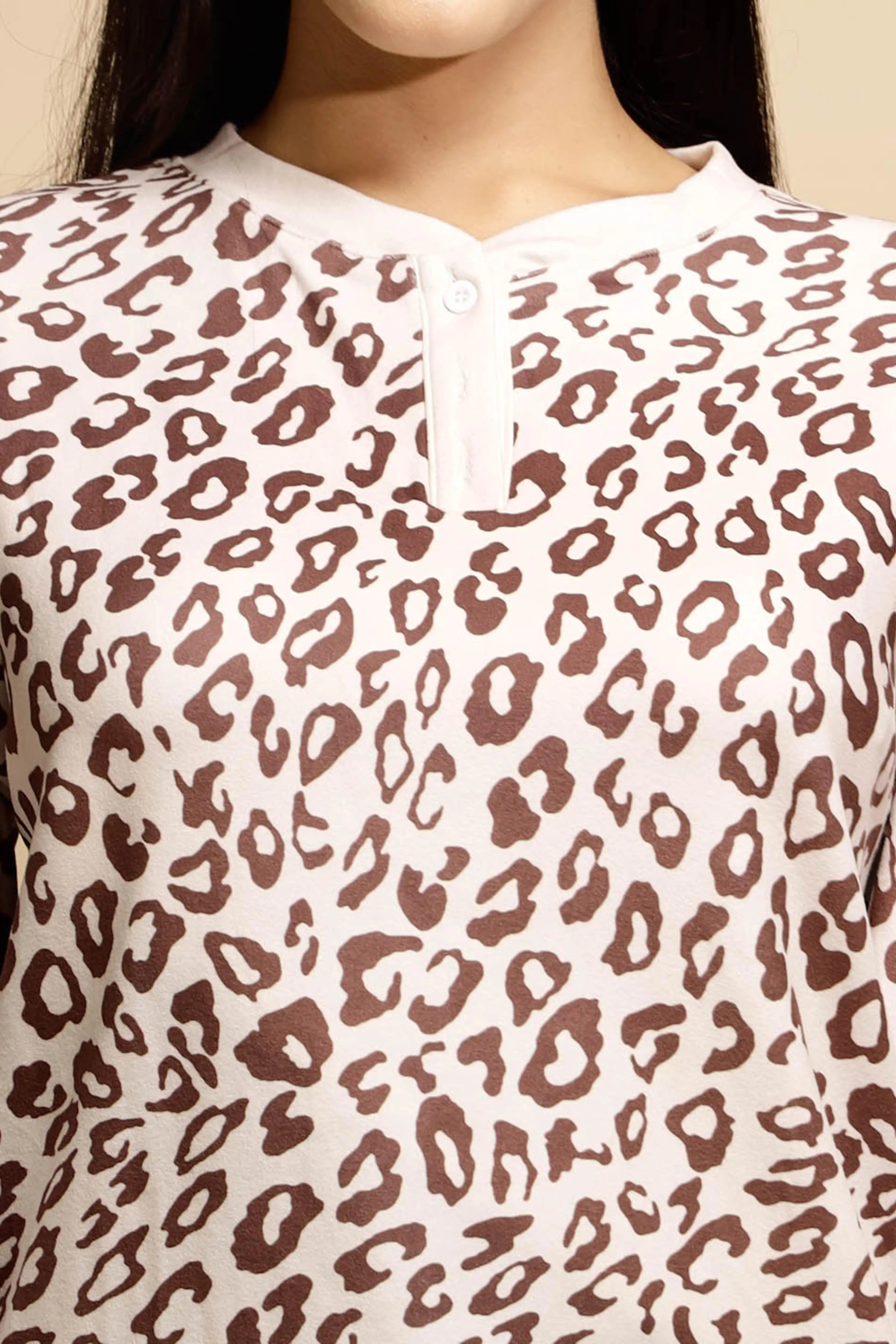 Brown Printed Full Sleeve Round Neck Night Suit - Global Republic