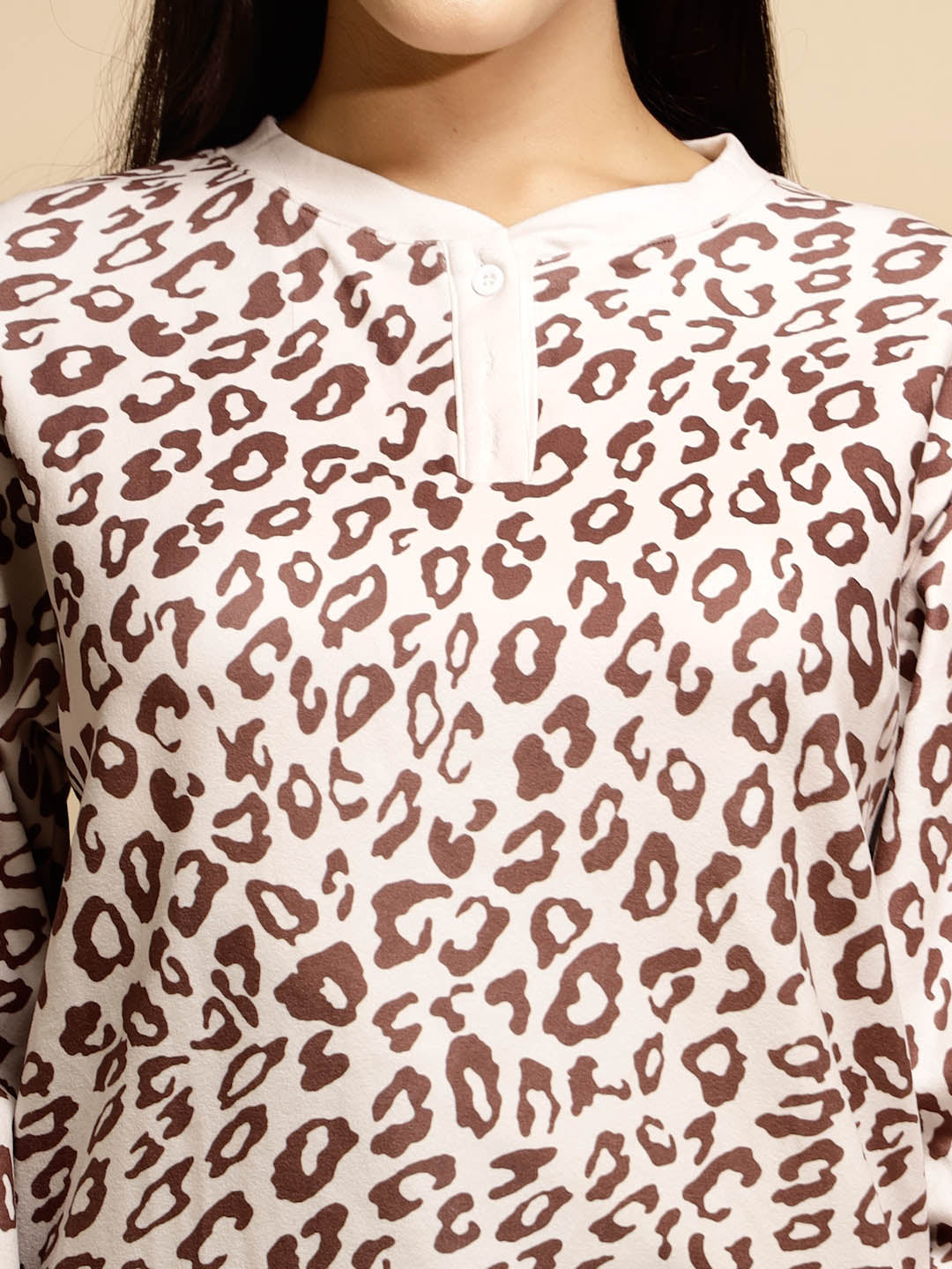 Brown Printed Full Sleeve Round Neck Night Suit - Global Republic