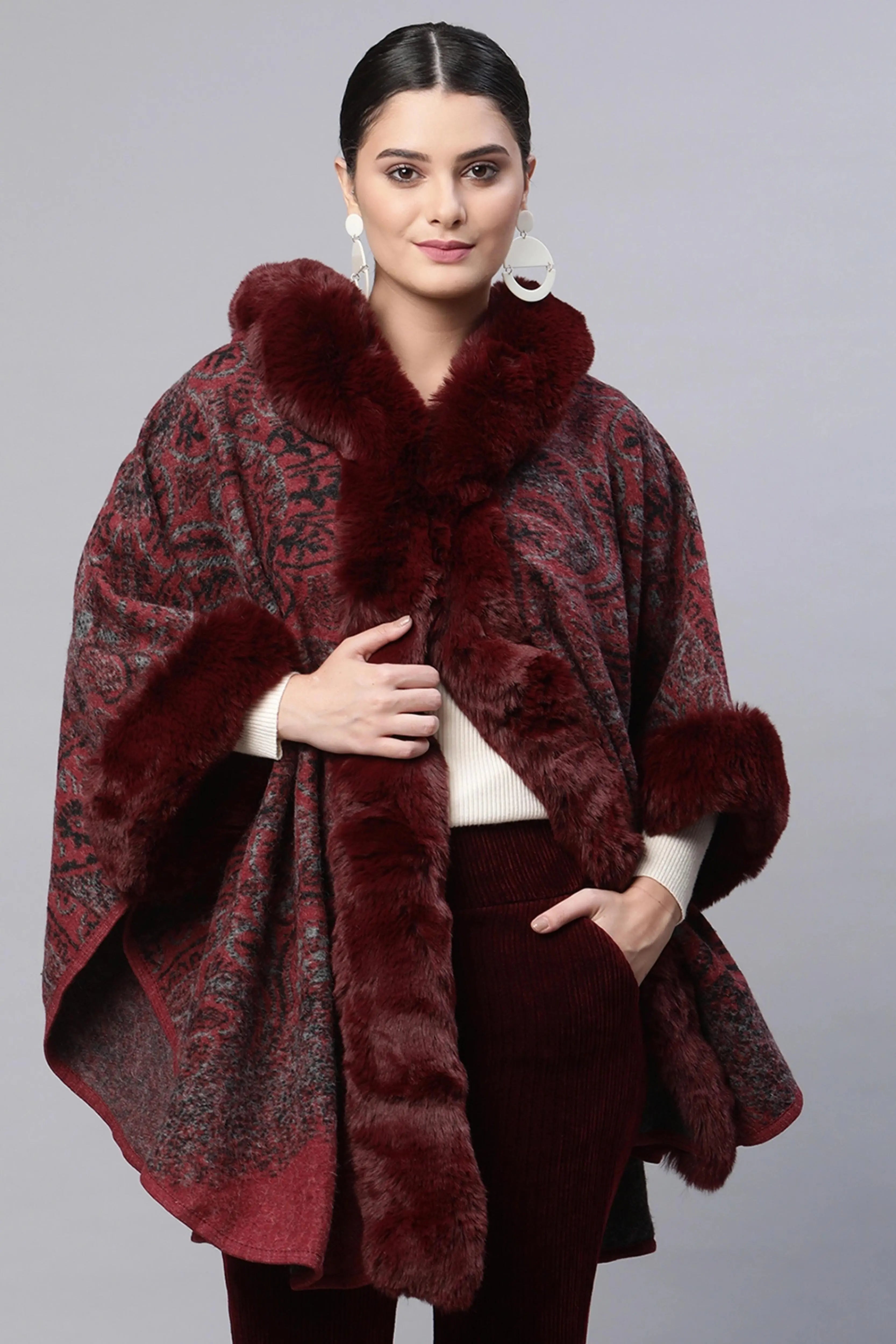 Women Hooded Flared Quarter Sleeves Maroon Printed Loose Fit Acrylic Cape