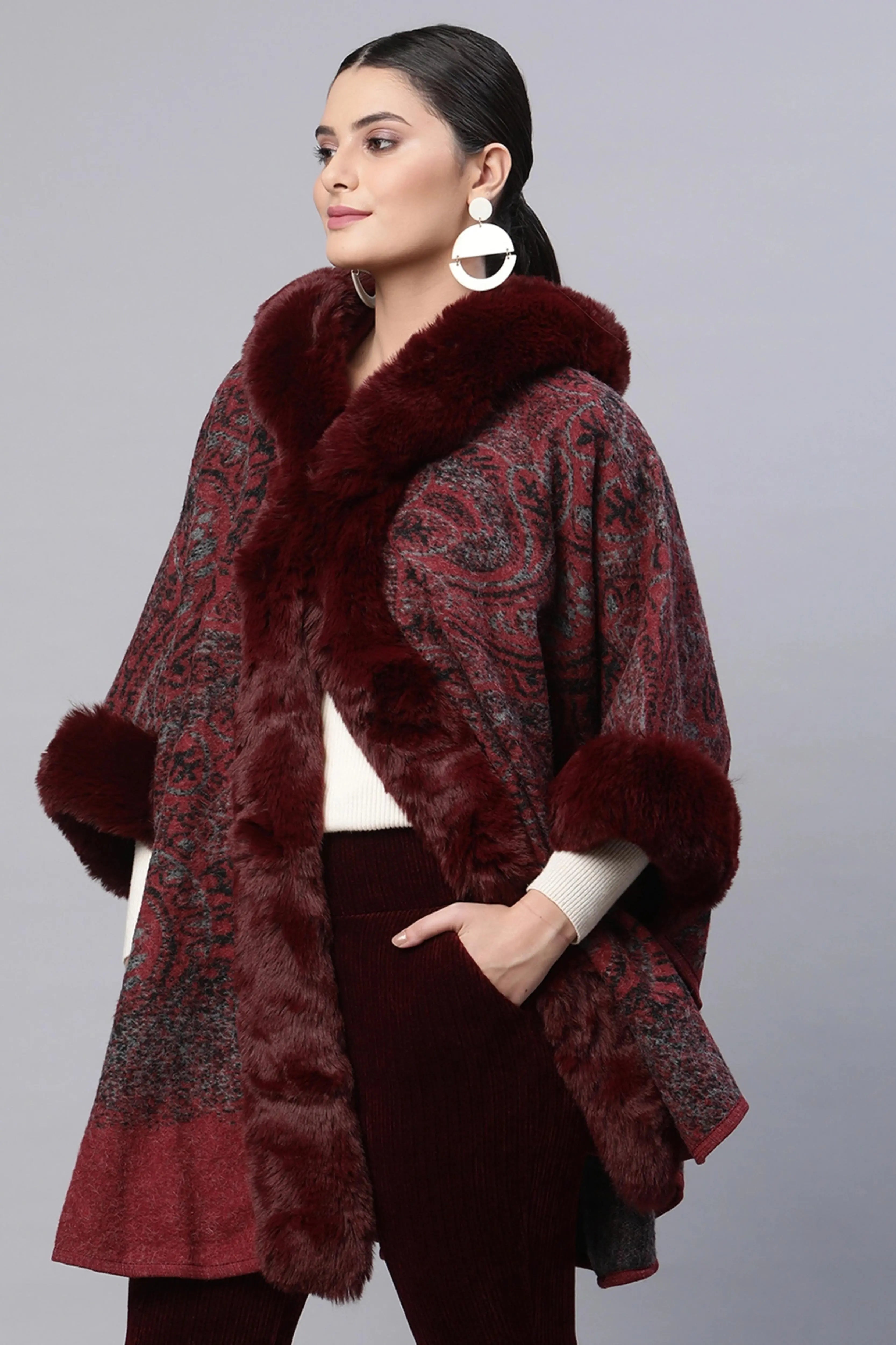 Maroon Hooded Printed Loose Fit Acrylic Cape - Global Republic